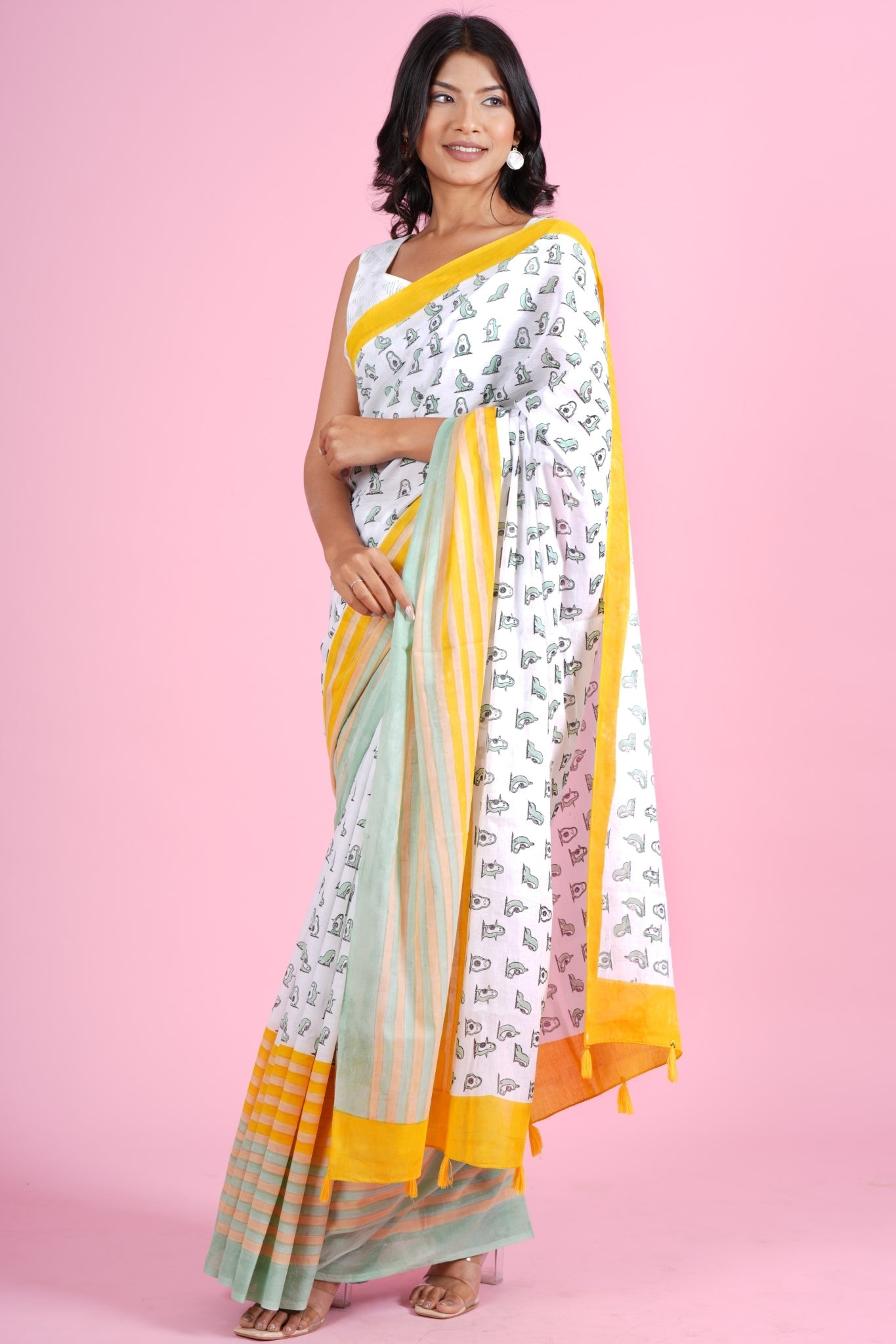 "Little Green Penguins"HANDBLOCK PRINT MUL COTTON SAREE - SootiSyahi