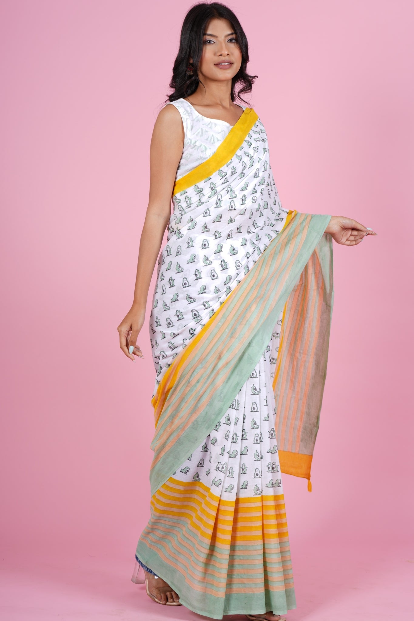 "Little Green Penguins"HANDBLOCK PRINT MUL COTTON SAREE - SootiSyahi