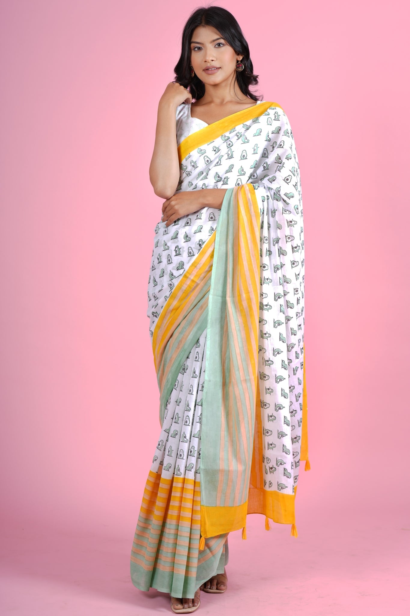 "Little Green Penguins"HANDBLOCK PRINT MUL COTTON SAREE - SootiSyahi