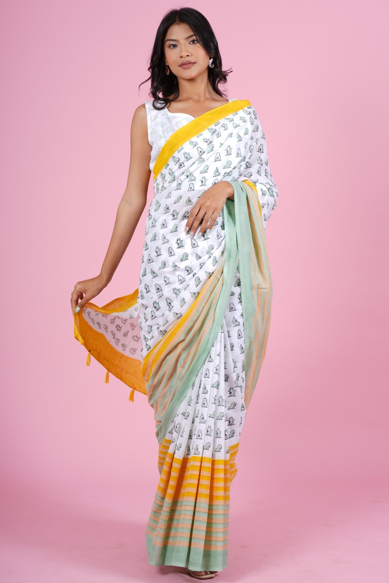 "Little Green Penguins"HANDBLOCK PRINT MUL COTTON SAREE - SootiSyahi