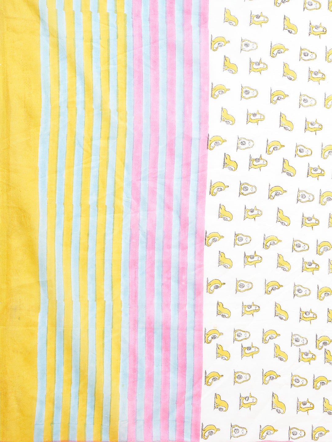 "Little Yellow Penguins" HANDBLOCK PRINT MUL COTTON SAREE - SootiSyahi