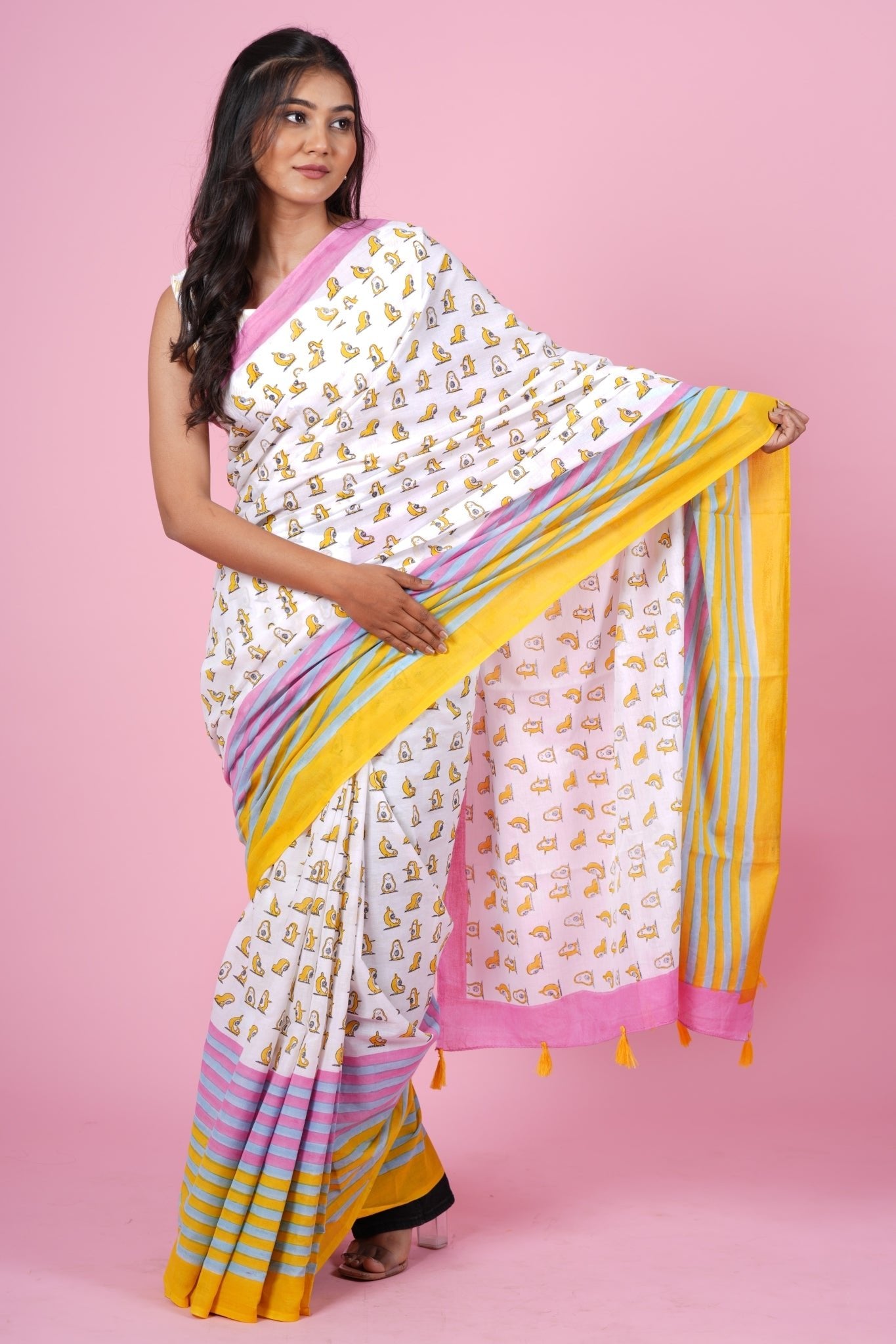 "Little Yellow Penguins" HANDBLOCK PRINT MUL COTTON SAREE - SootiSyahi