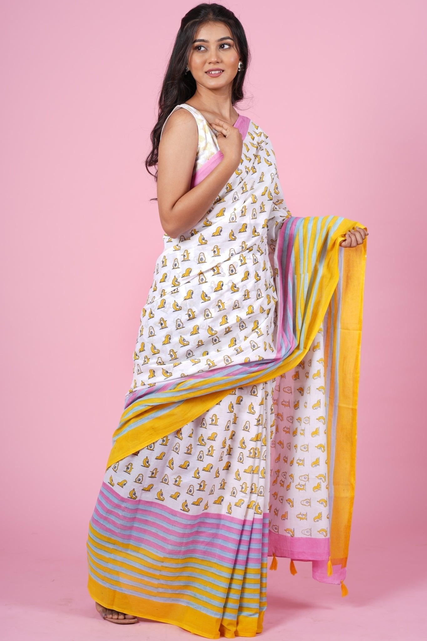 "Little Yellow Penguins" HANDBLOCK PRINT MUL COTTON SAREE - SootiSyahi
