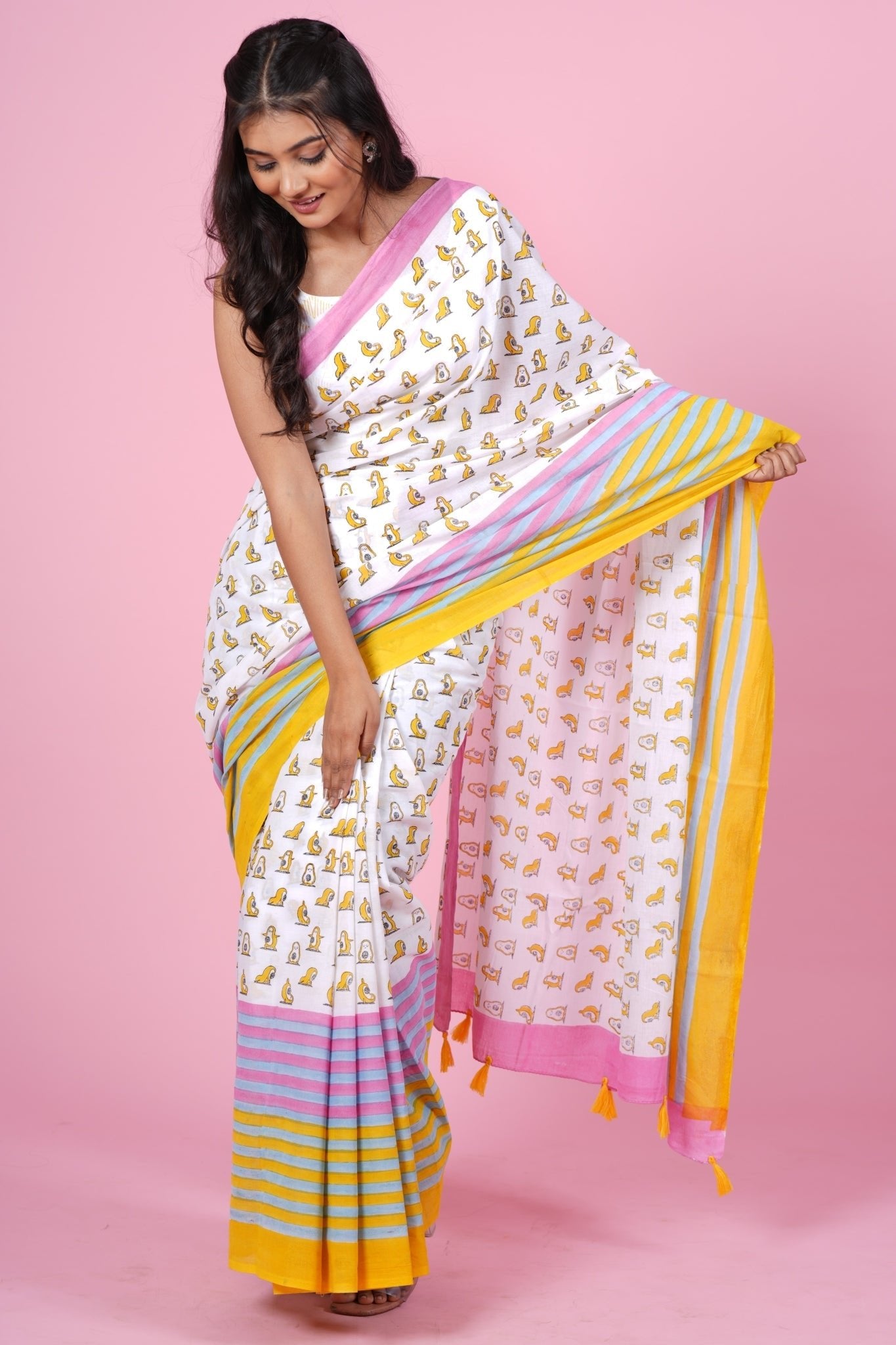 "Little Yellow Penguins" HANDBLOCK PRINT MUL COTTON SAREE - SootiSyahi