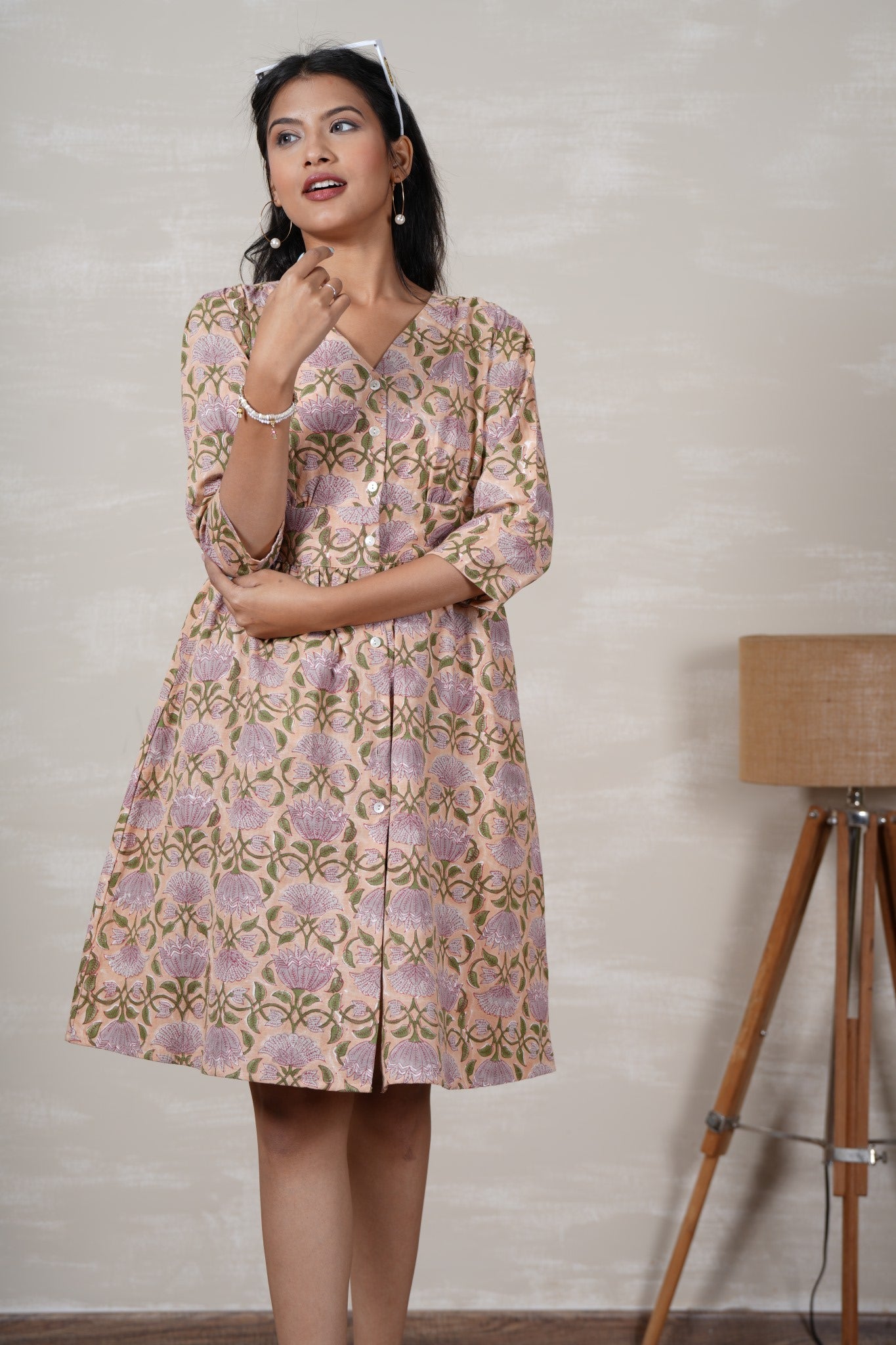 Lotus Love Hand Block Printed Cotton Dress - SootiSyahi