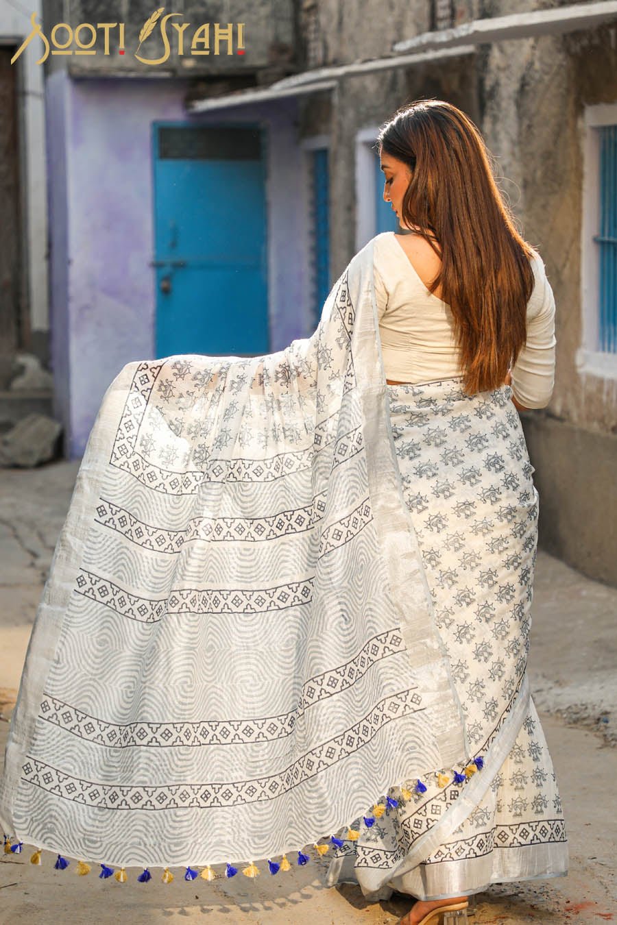 "LUCID" HANDBLOCK PRINT SLUB COTTON SAREE - SootiSyahi