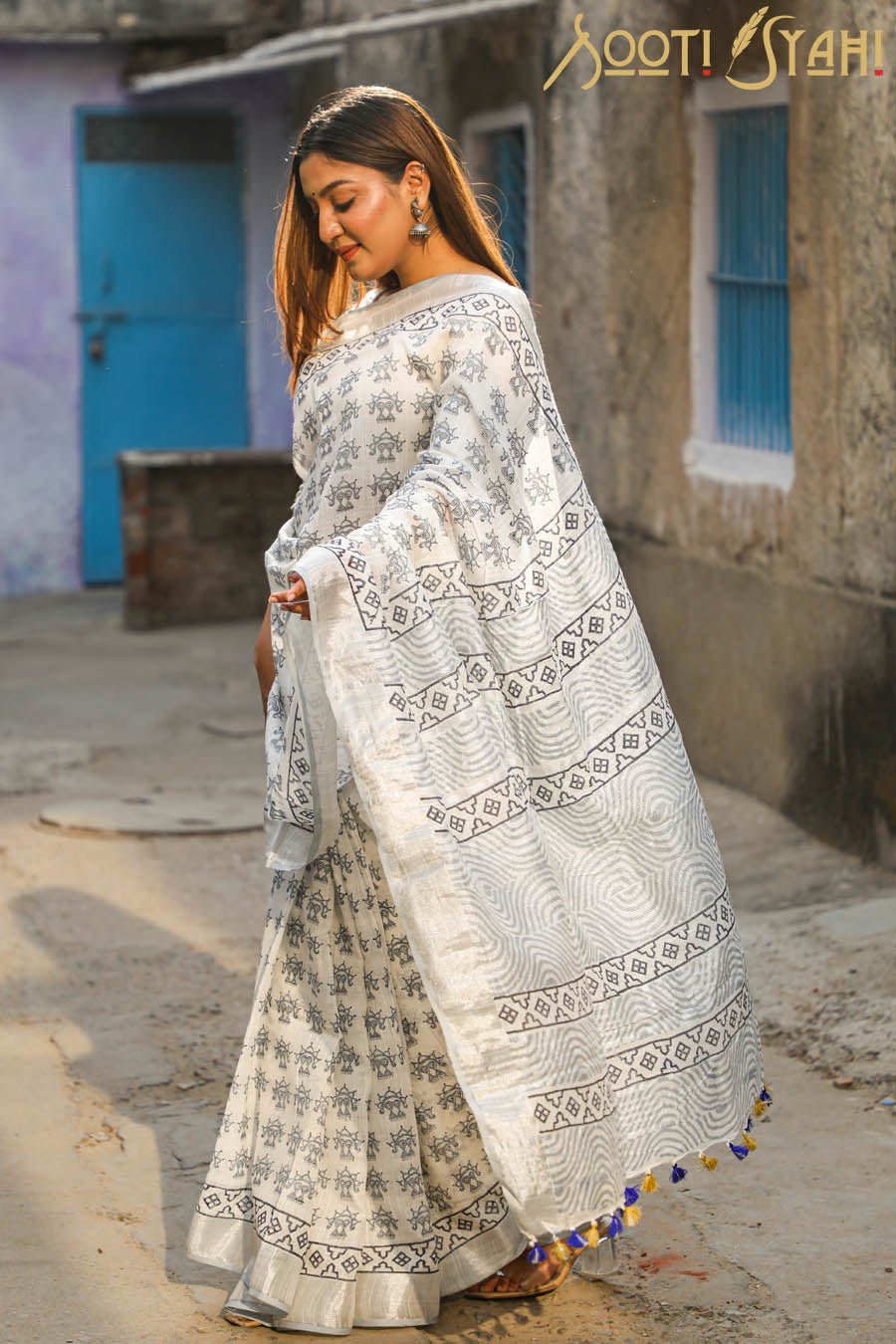 "LUCID" HANDBLOCK PRINT SLUB COTTON SAREE - SootiSyahi