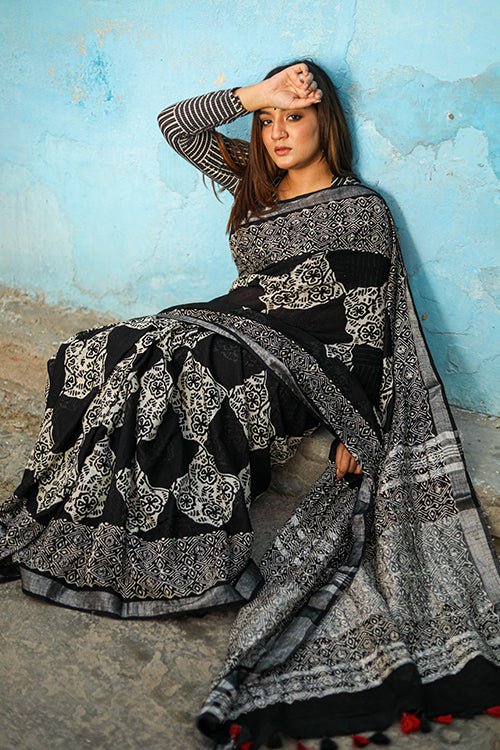 "Magnifique" CHUNA PATRI HANDBLOCK PRINT SLUB COTTON SAREE - SootiSyahi