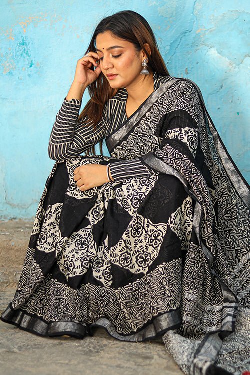 "Magnifique" CHUNA PATRI HANDBLOCK PRINT SLUB COTTON SAREE - SootiSyahi