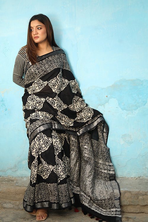"Magnifique" CHUNA PATRI HANDBLOCK PRINT SLUB COTTON SAREE - SootiSyahi