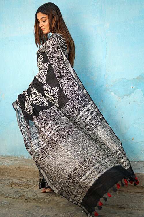 "Magnifique" CHUNA PATRI HANDBLOCK PRINT SLUB COTTON SAREE - SootiSyahi