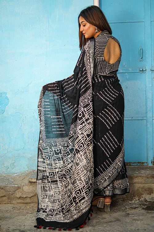 "Magnifique" CHUNA PATRI HANDBLOCK PRINT SLUB COTTON SAREE - SootiSyahi