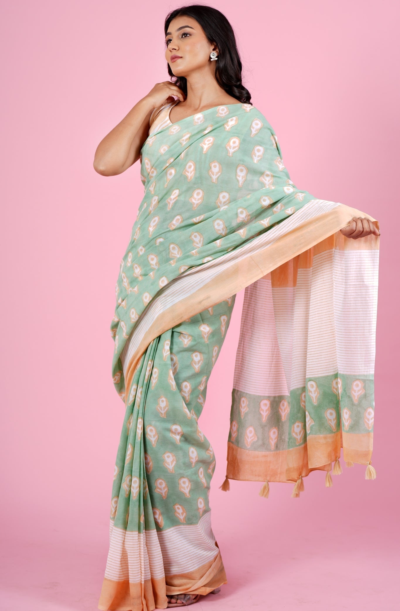 "Mandevilla Piast" HANDBLOCK PRINT MUL COTTON SAREE - SootiSyahi