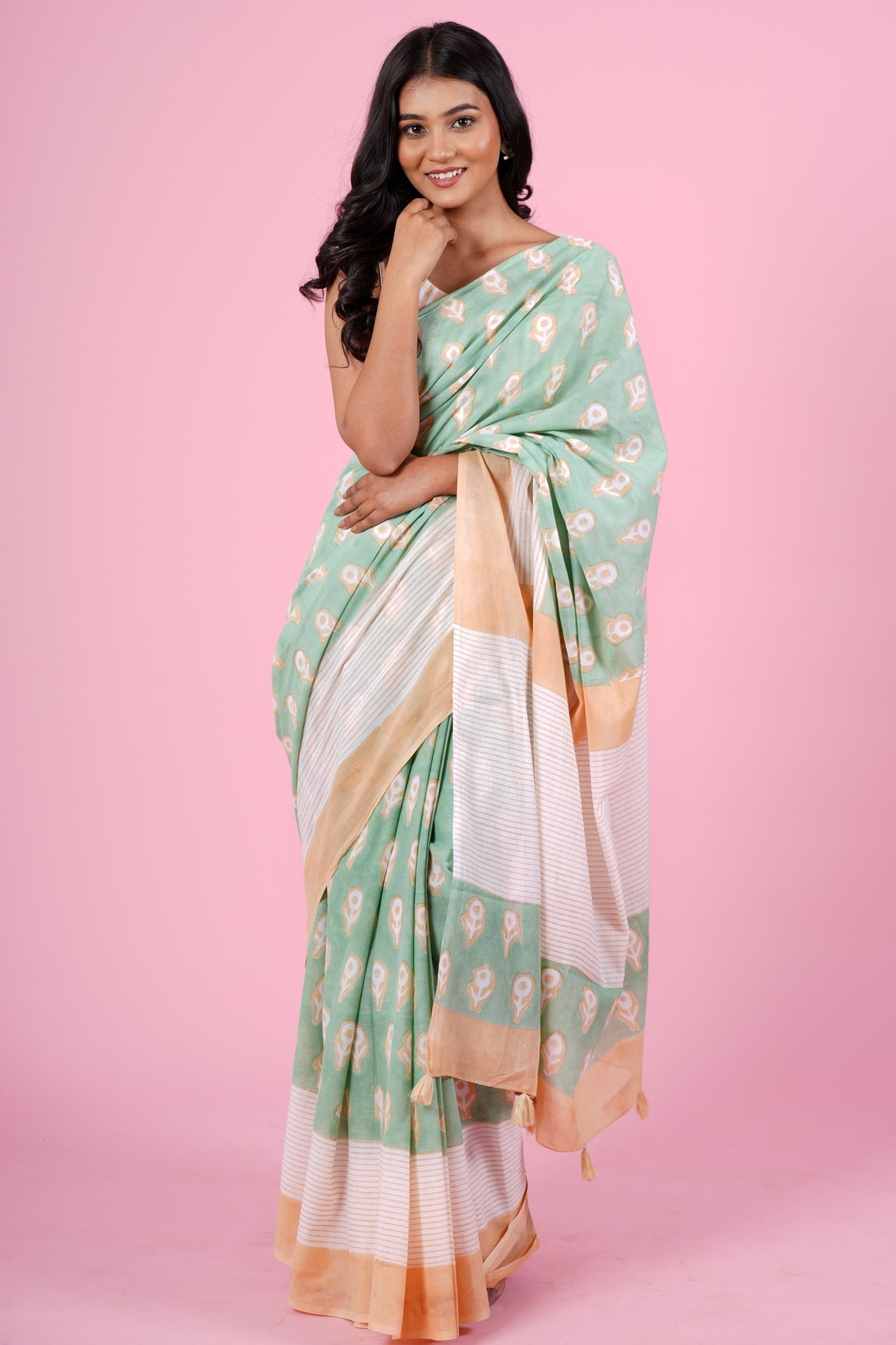 "Mandevilla Piast" HANDBLOCK PRINT MUL COTTON SAREE - SootiSyahi
