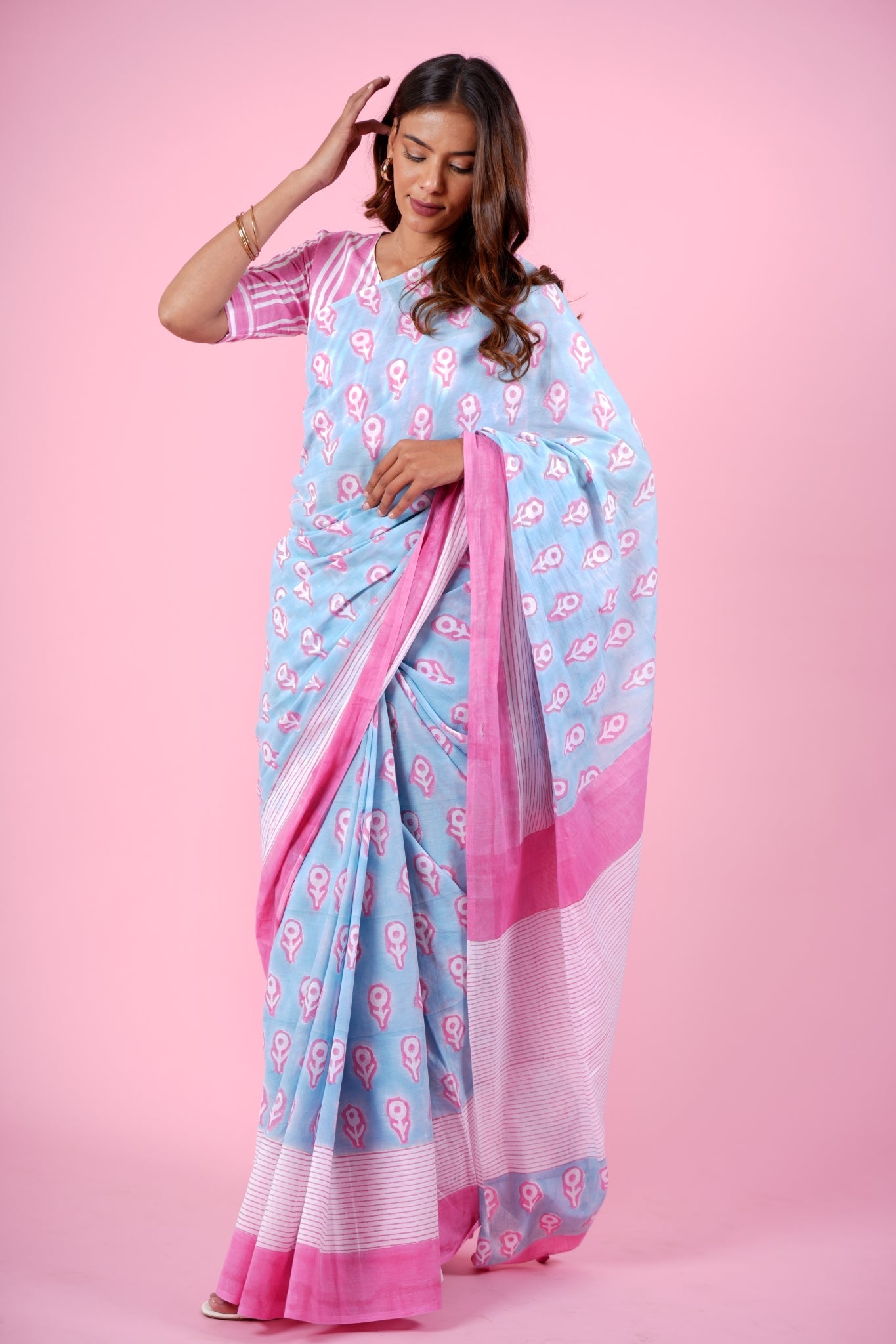 "Mandevilla Pink" HANDBLOCK PRINT MUL COTTON SAREE - SootiSyahi