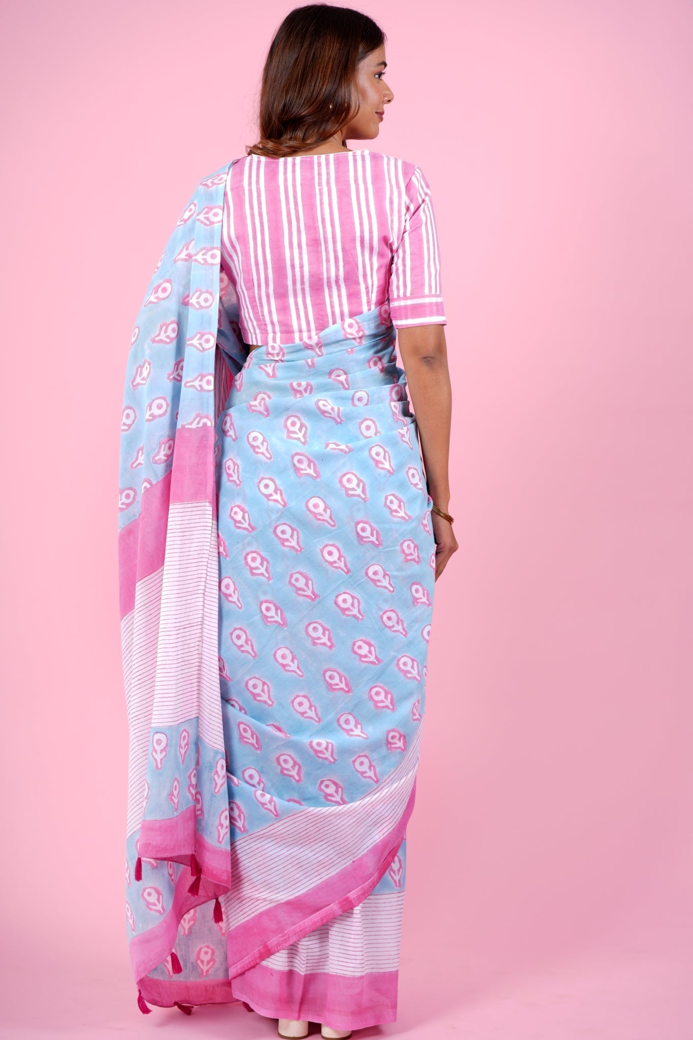 "Mandevilla Pink" HANDBLOCK PRINT MUL COTTON SAREE - SootiSyahi