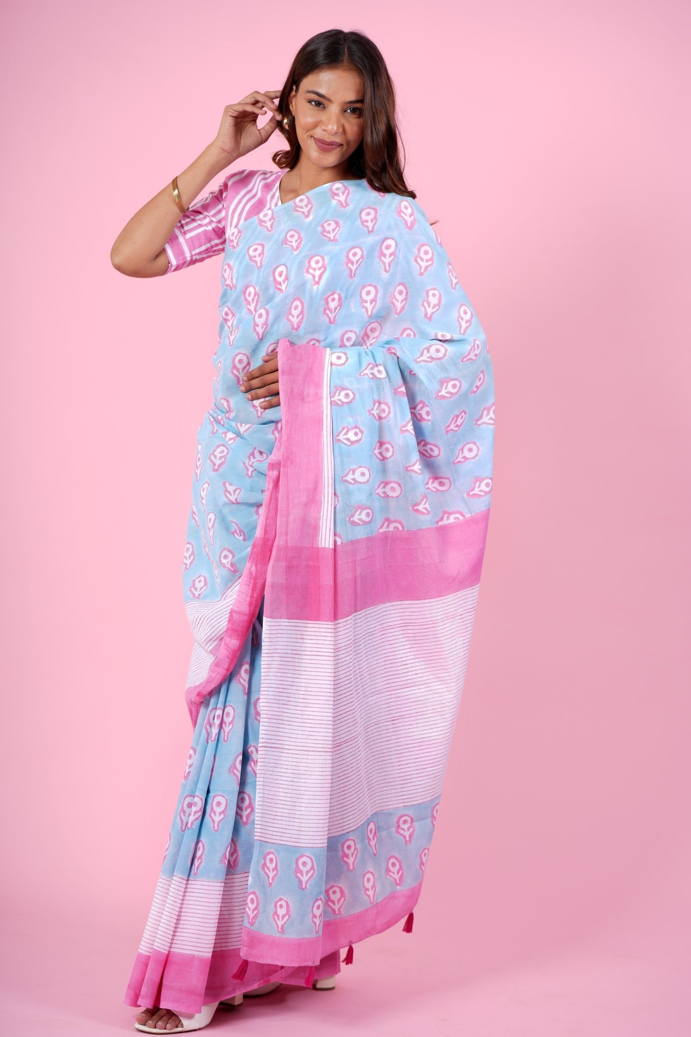 "Mandevilla Pink" HANDBLOCK PRINT MUL COTTON SAREE - SootiSyahi