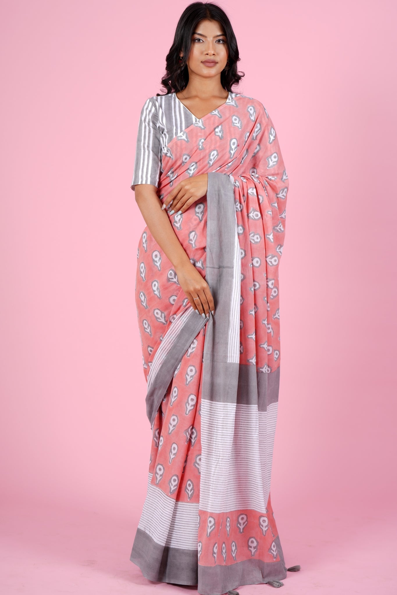 "Mandevilla Salmon"HANDBLOCK PRINT MUL COTTON SAREE - SootiSyahi