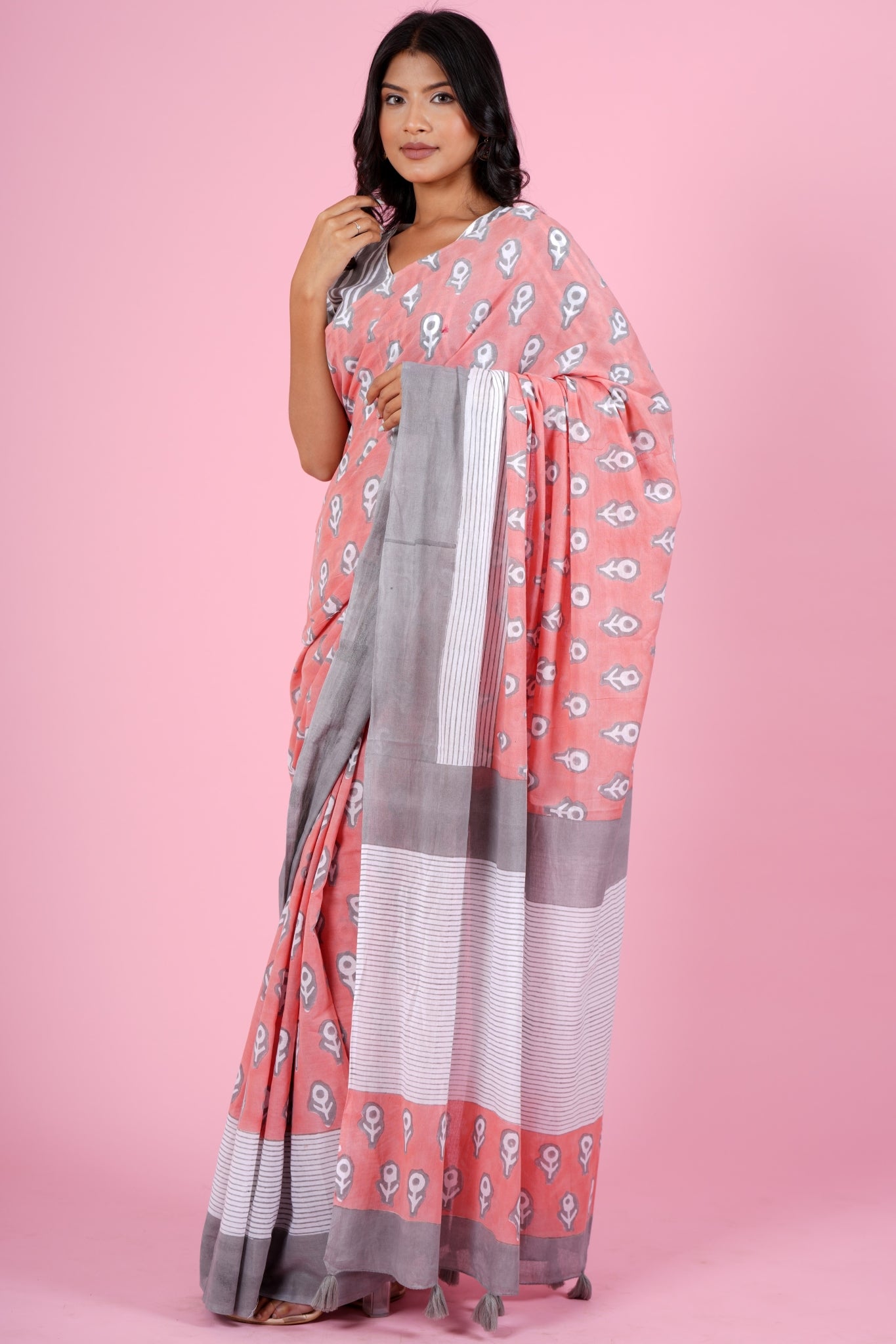 "Mandevilla Salmon"HANDBLOCK PRINT MUL COTTON SAREE - SootiSyahi