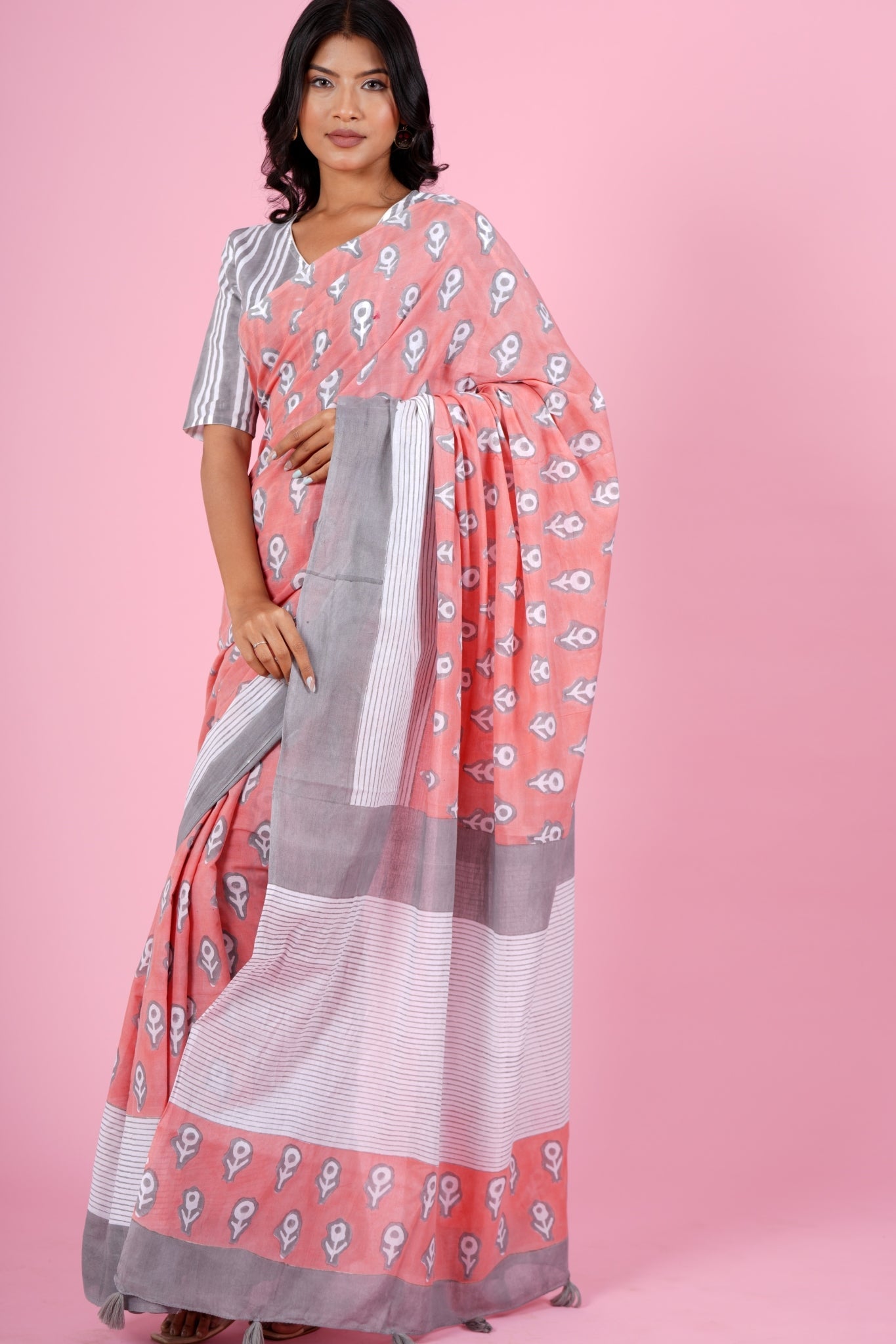 "Mandevilla Salmon"HANDBLOCK PRINT MUL COTTON SAREE - SootiSyahi