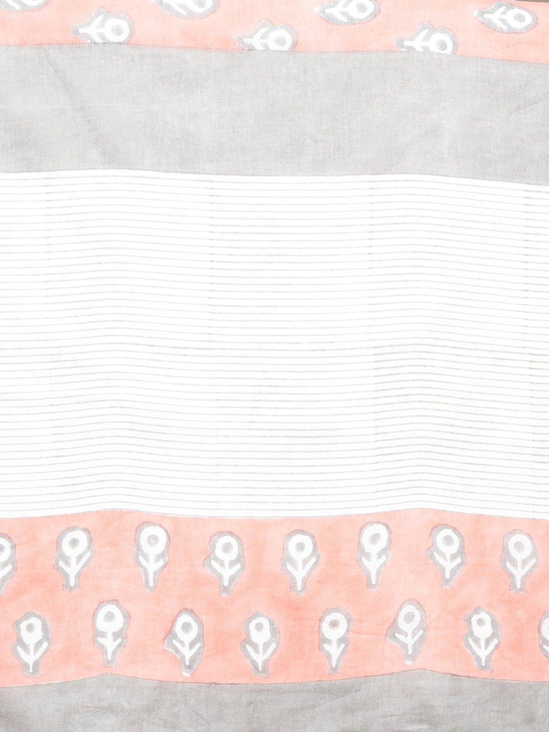 "Mandevilla Salmon"HANDBLOCK PRINT MUL COTTON SAREE - SootiSyahi