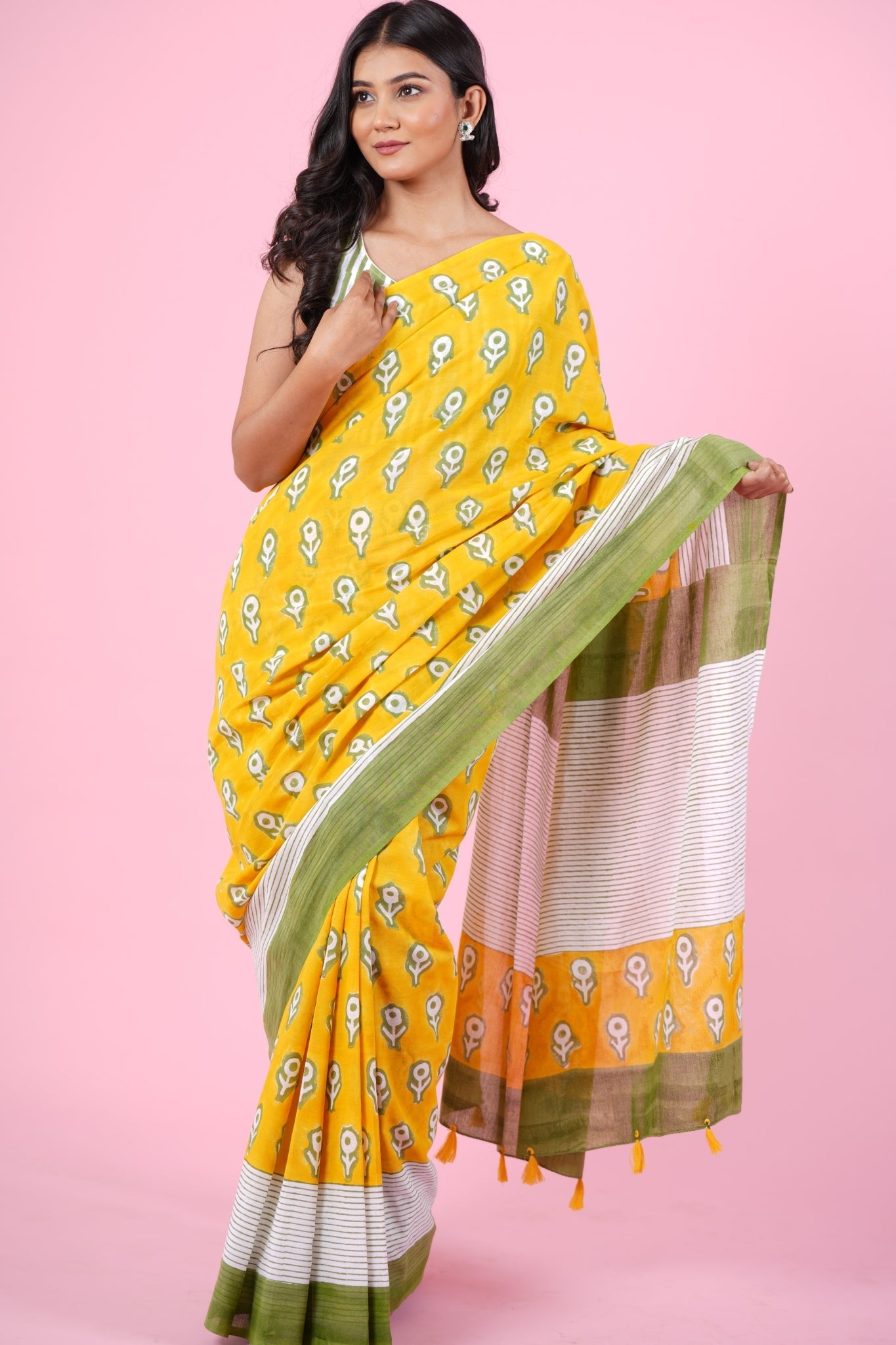 "Mandevilla Yellow" HANDBLOCK PRINT MUL COTTON SAREE - SootiSyahi