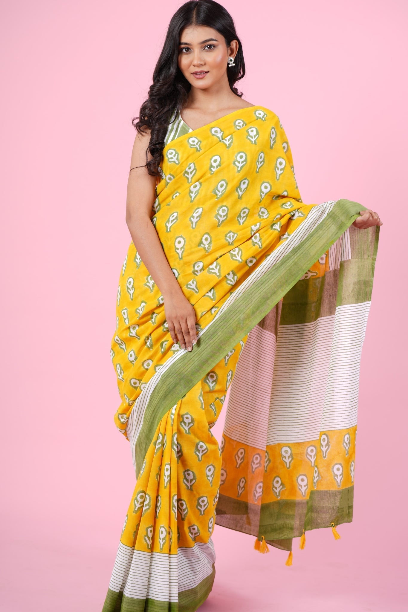 "Mandevilla Yellow" HANDBLOCK PRINT MUL COTTON SAREE - SootiSyahi