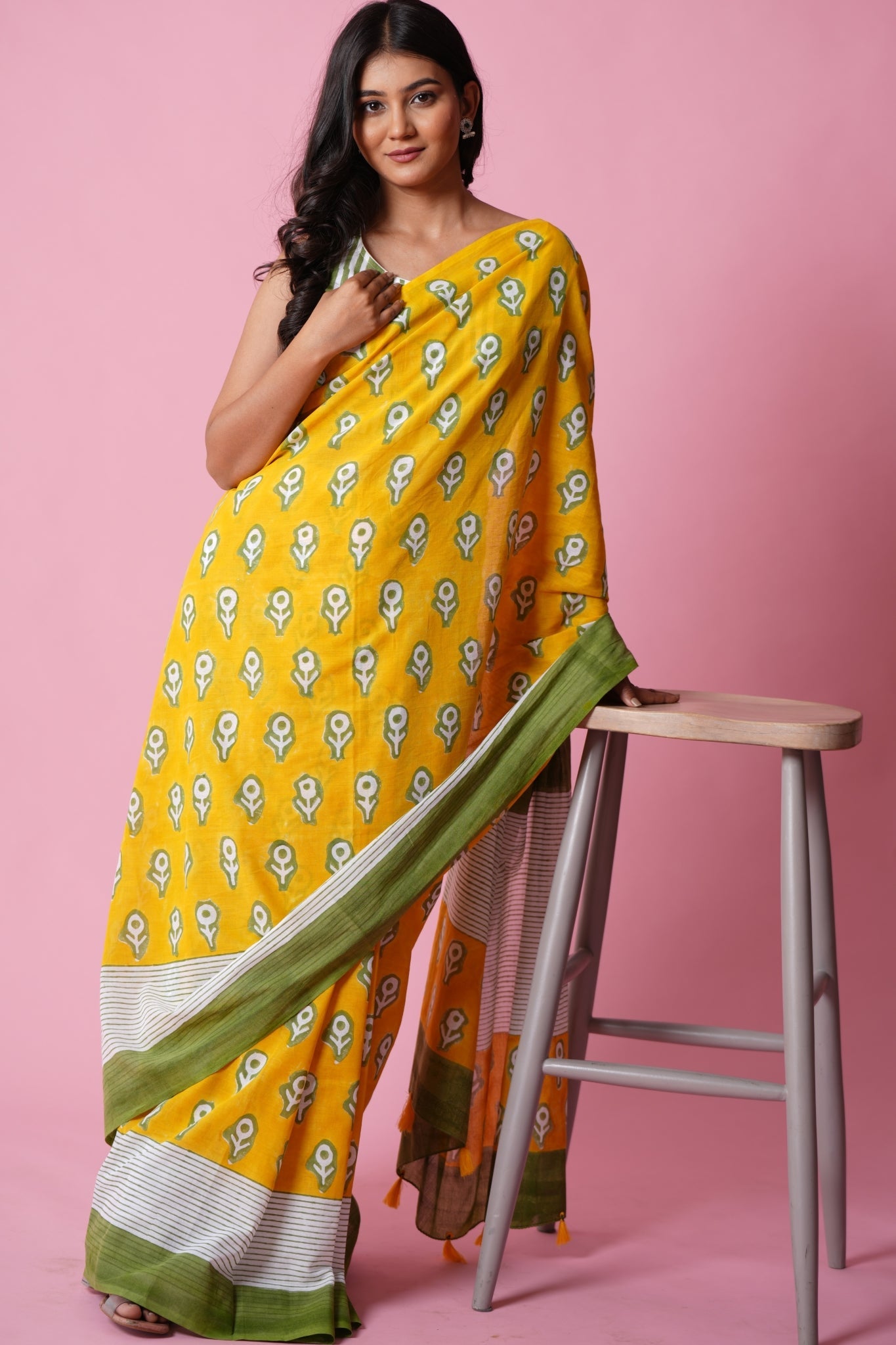 "Mandevilla Yellow" HANDBLOCK PRINT MUL COTTON SAREE - SootiSyahi