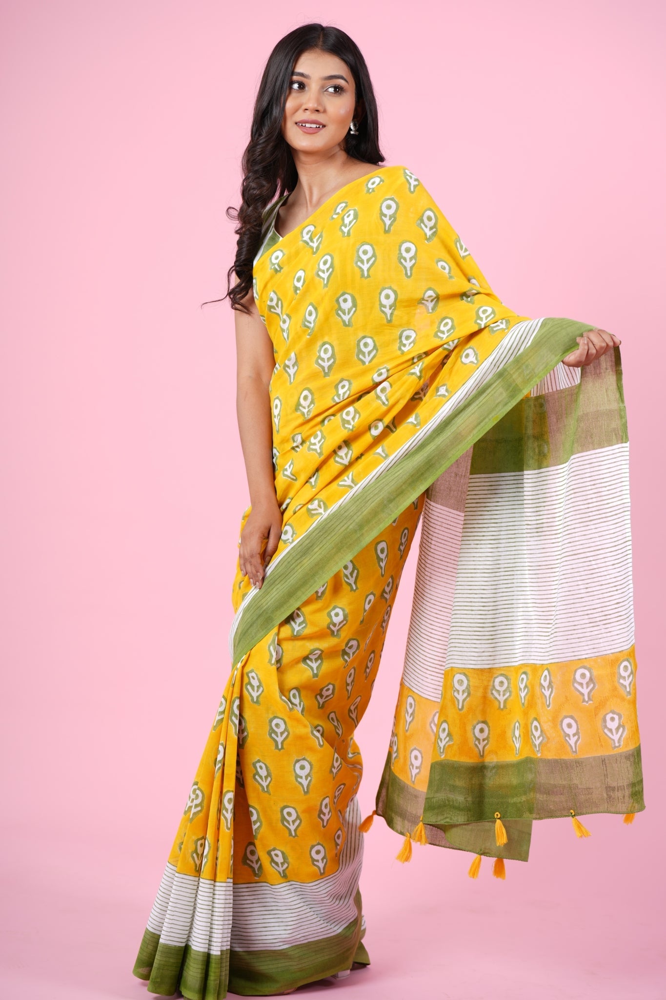 "Mandevilla Yellow" HANDBLOCK PRINT MUL COTTON SAREE - SootiSyahi