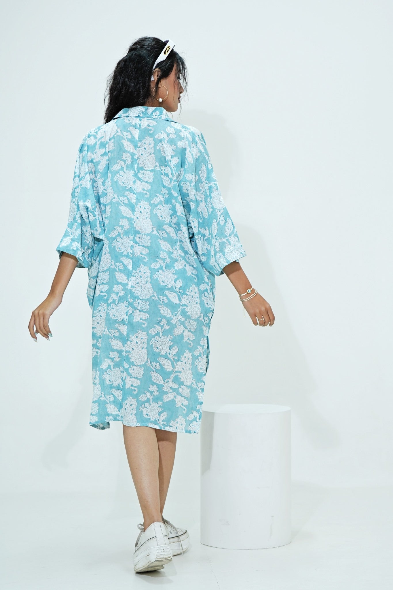 Midge in Aqua Hand Block Printed Oversize Shirt - SootiSyahi