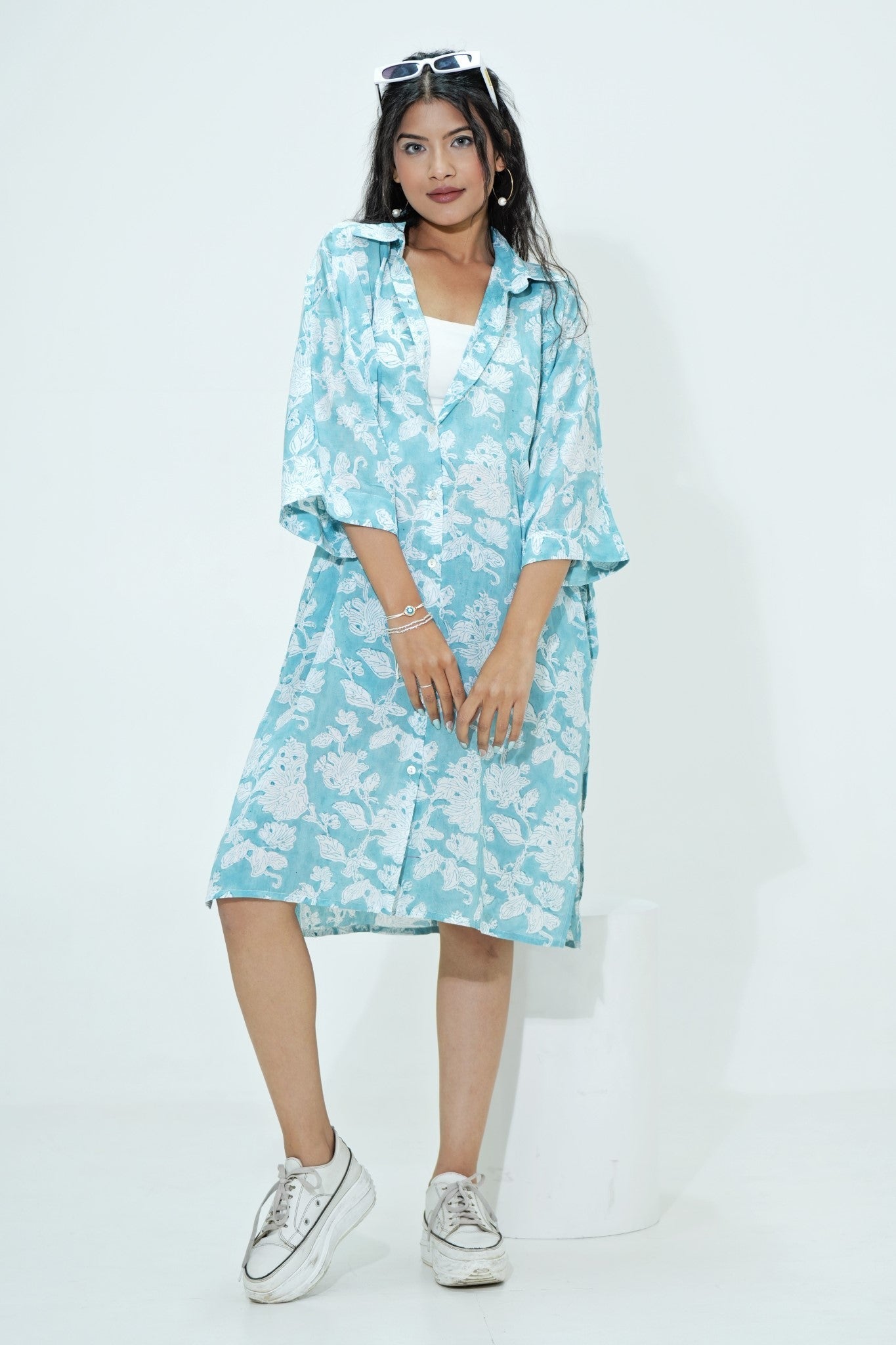 Midge in Aqua Hand Block Printed Oversize Shirt - SootiSyahi