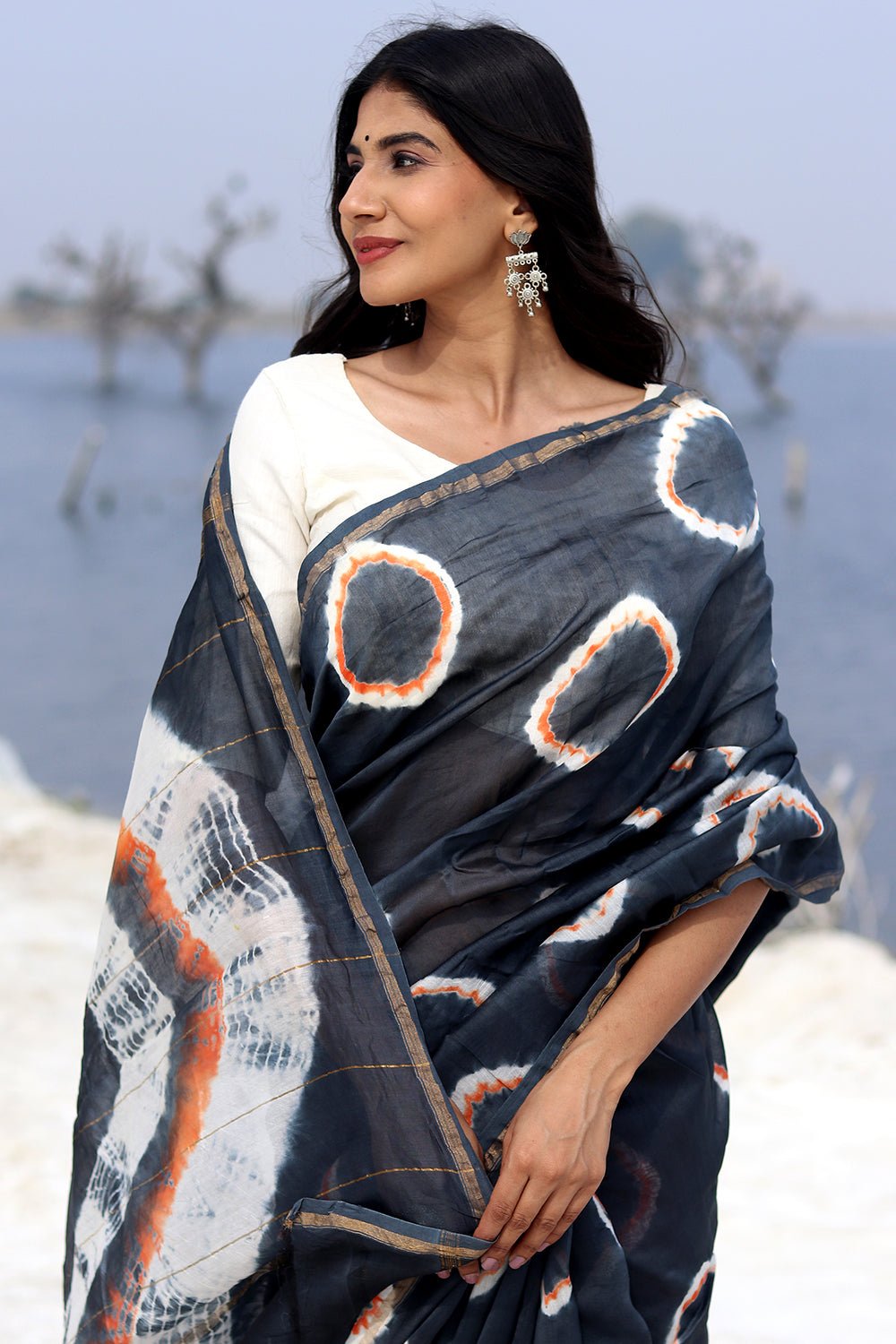 "Midnight Mirage" Bandhni Chanderi Saree - SootiSyahi
