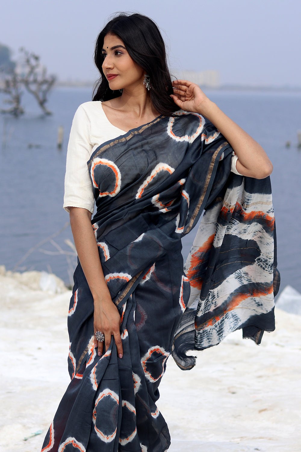 "Midnight Mirage" Bandhni Chanderi Saree - SootiSyahi