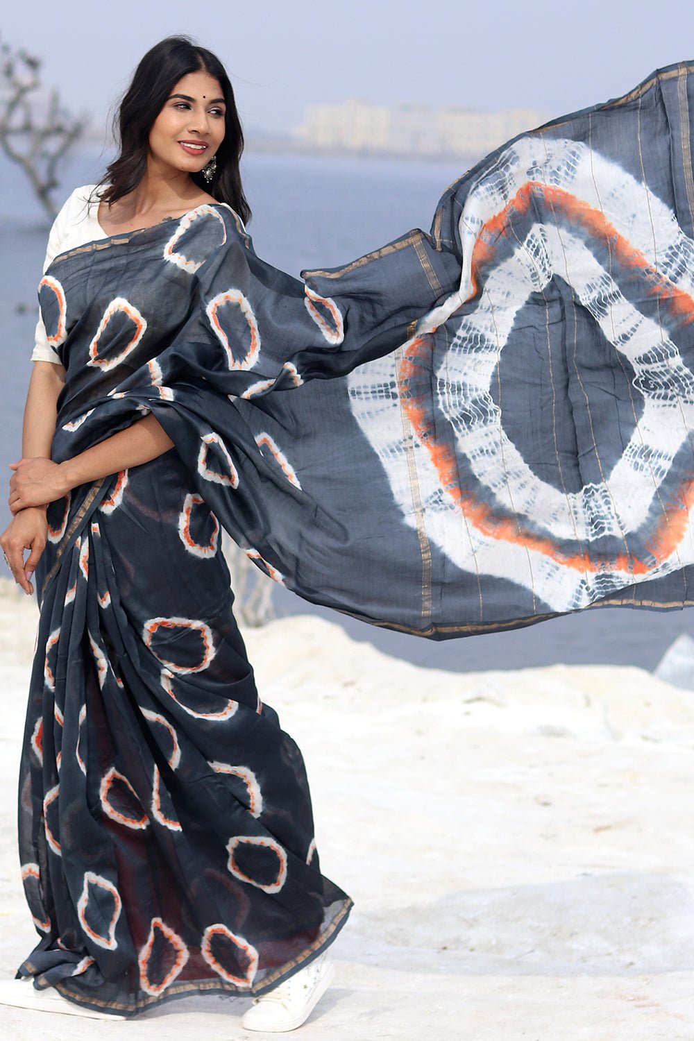 "Midnight Mirage" Bandhni Chanderi Saree - SootiSyahi