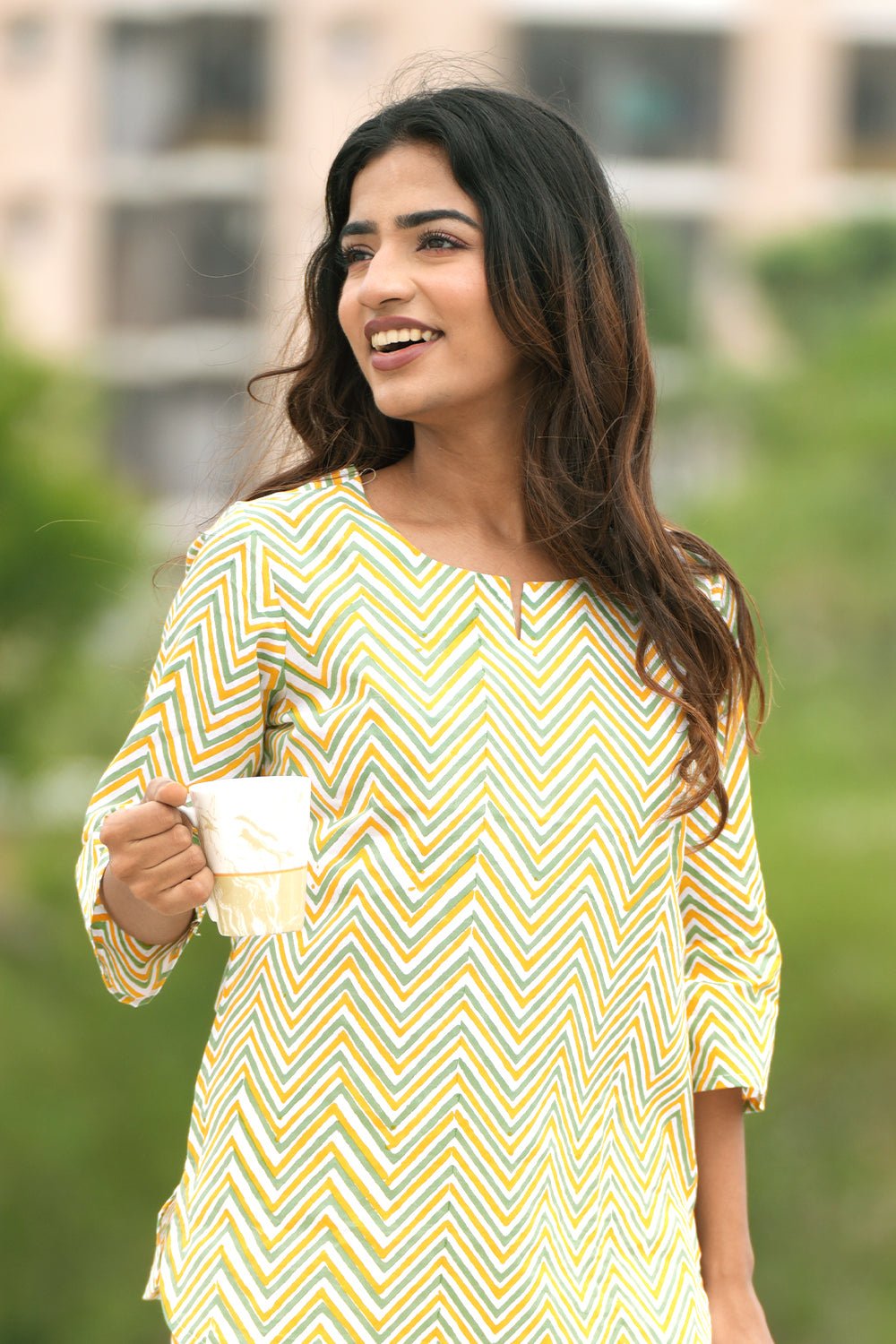 Misty Mustard Swivel Block Printed Night suit - SootiSyahi