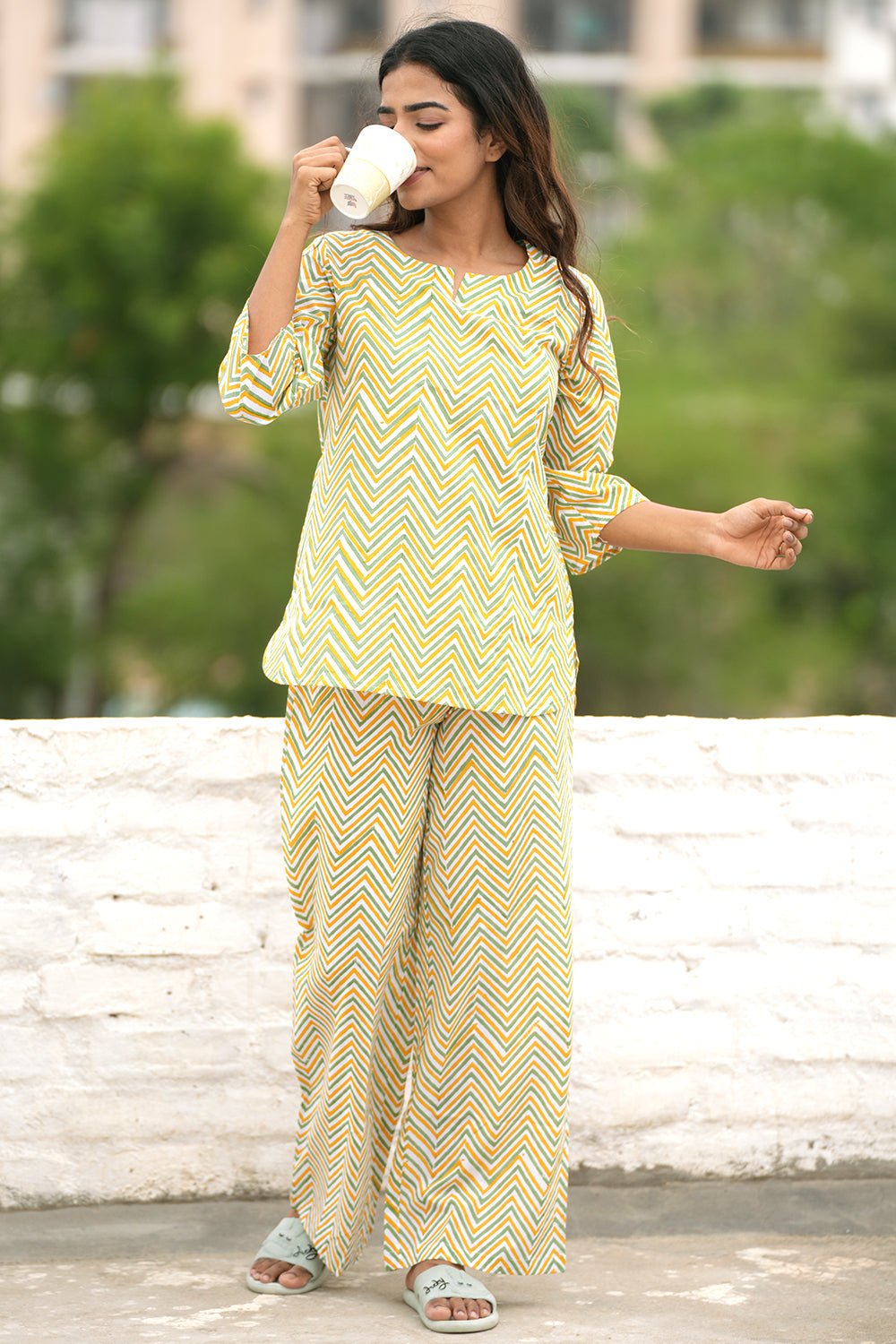 Misty Mustard Swivel Block Printed Night suit - SootiSyahi