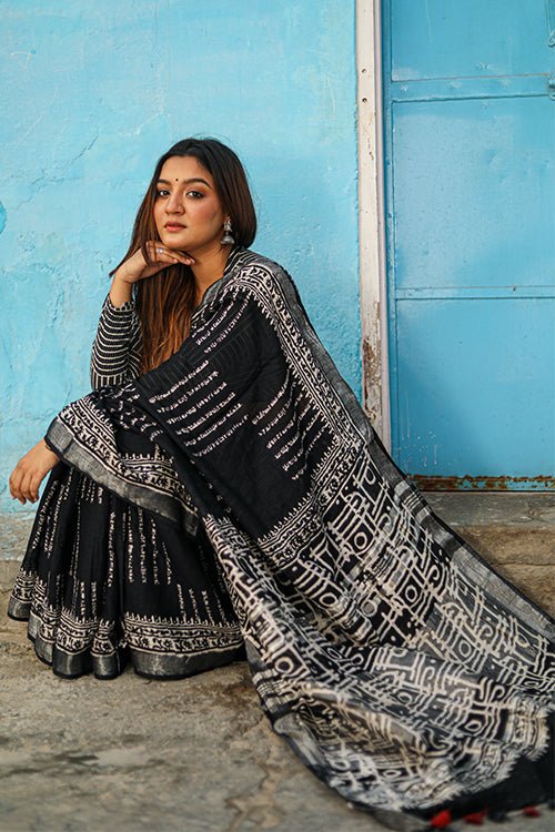 "MOSAIC" CHUNA PATRI HANDBLOCK PRINT SLUB COTTON SAREE - SootiSyahi