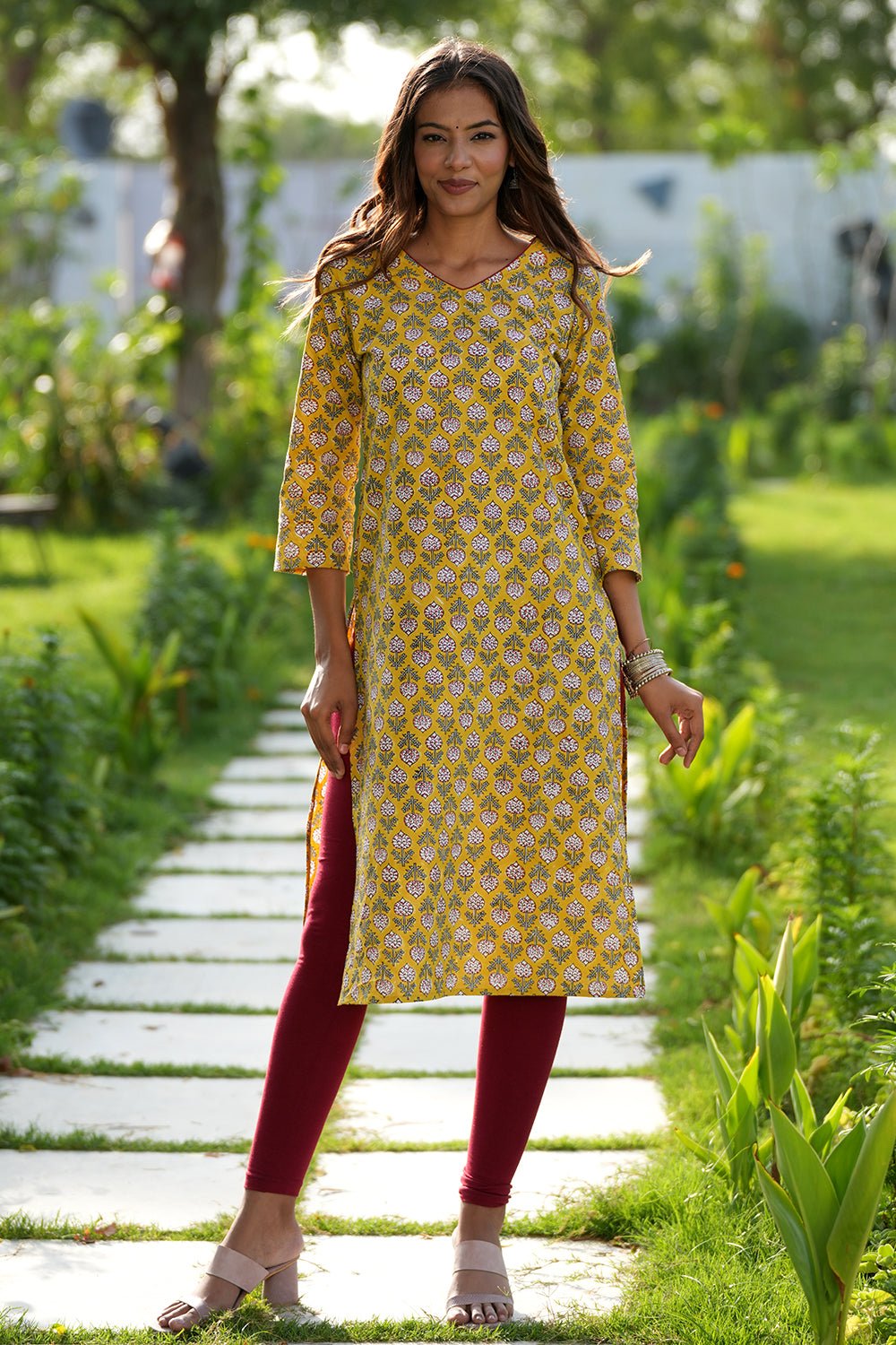 Mustard Garnet Handblock Printed Cotton Kurti - SootiSyahi