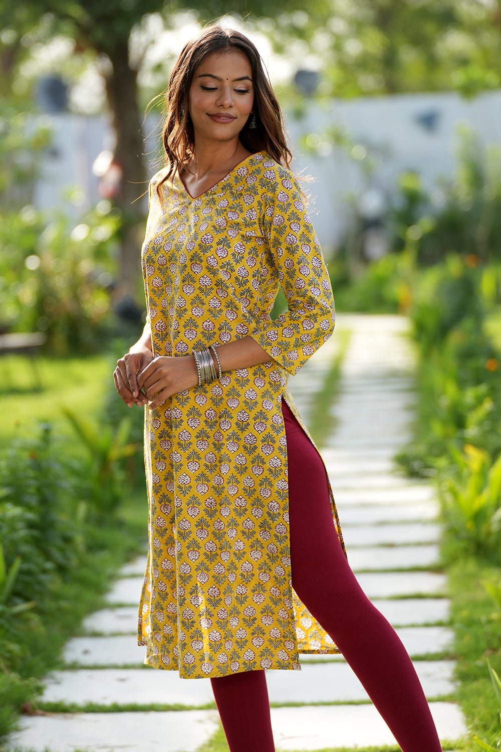 Mustard Garnet Handblock Printed Cotton Kurti - SootiSyahi
