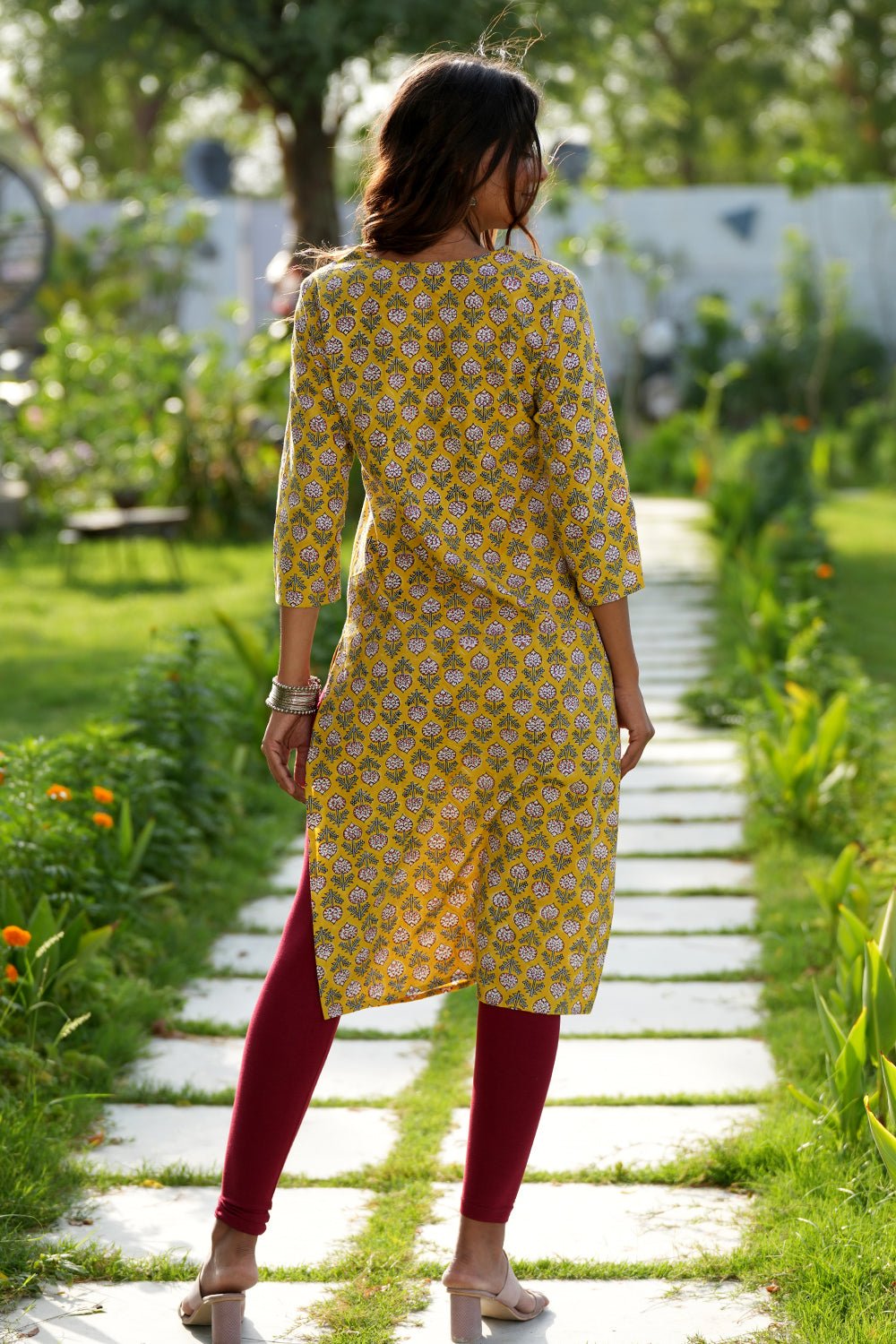 Mustard Garnet Handblock Printed Cotton Kurti - SootiSyahi