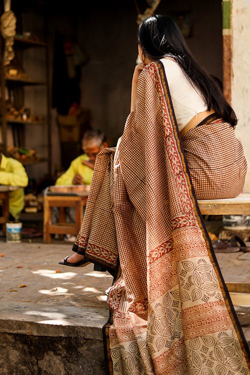 "MYSTIC" BAGRU HANDBLOCK PRINT CHANDERI SILK SAREE - SootiSyahi