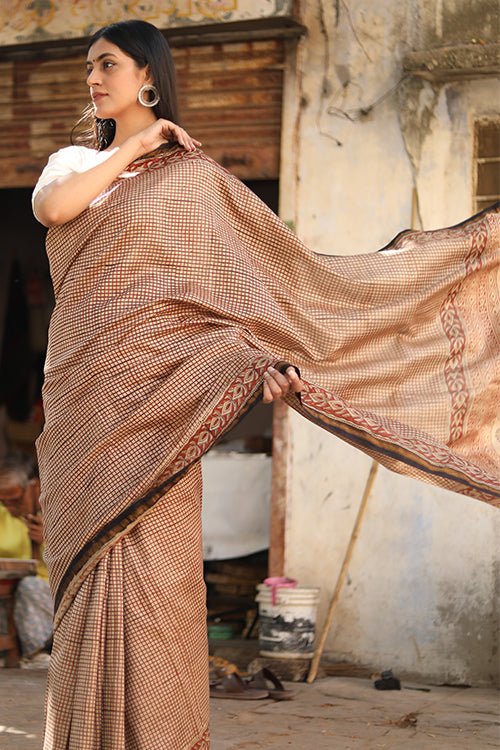 "MYSTIC" BAGRU HANDBLOCK PRINT CHANDERI SILK SAREE - SootiSyahi
