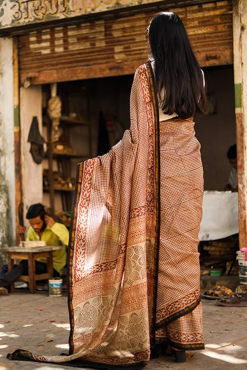 "MYSTIC" BAGRU HANDBLOCK PRINT CHANDERI SILK SAREE - SootiSyahi