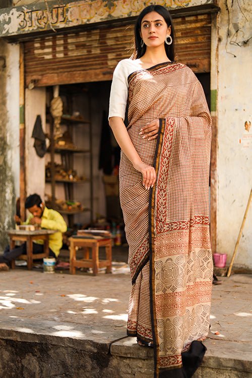 "MYSTIC" BAGRU HANDBLOCK PRINT CHANDERI SILK SAREE - SootiSyahi