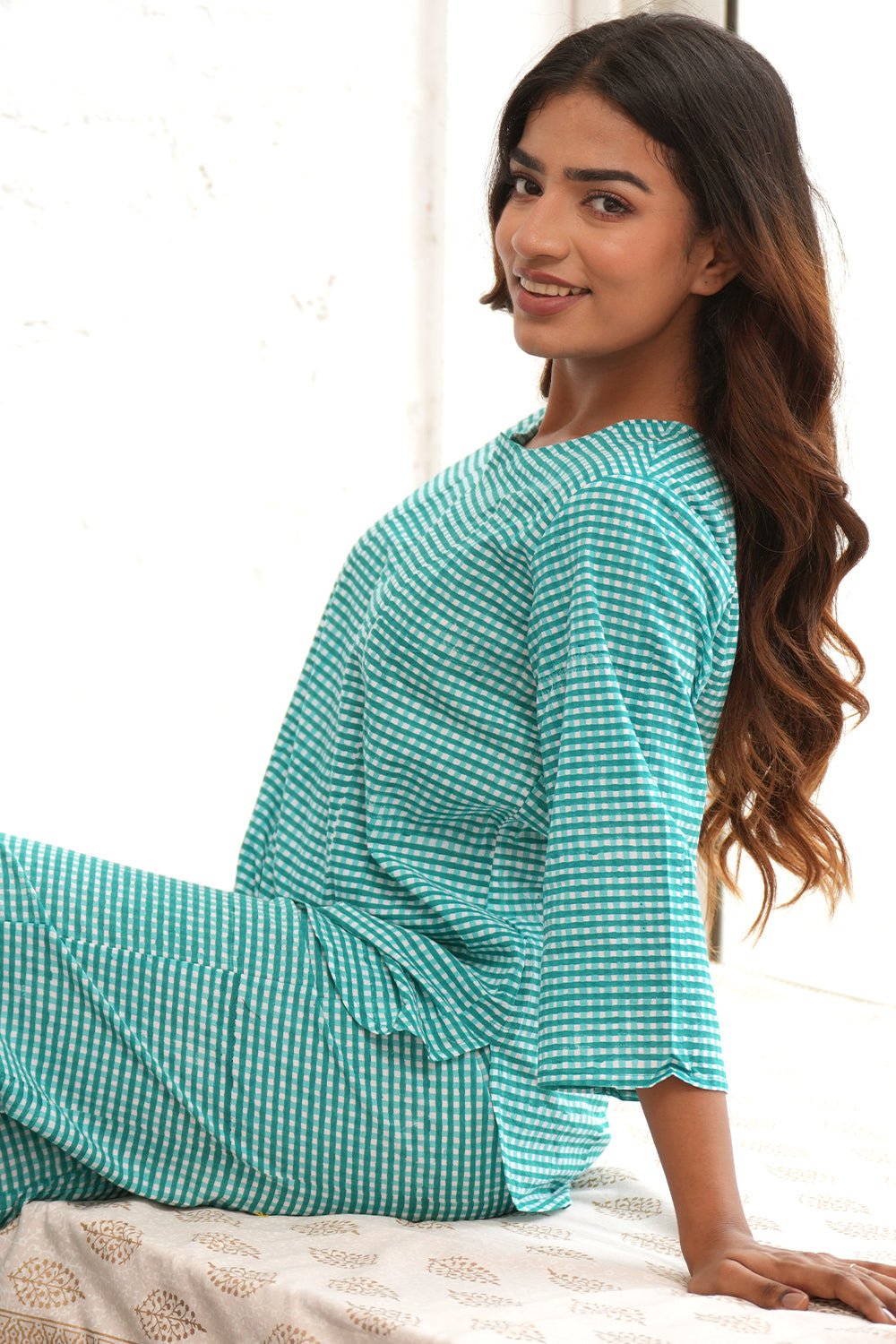 Nature's Checkmate Block Printed Night suit - SootiSyahi