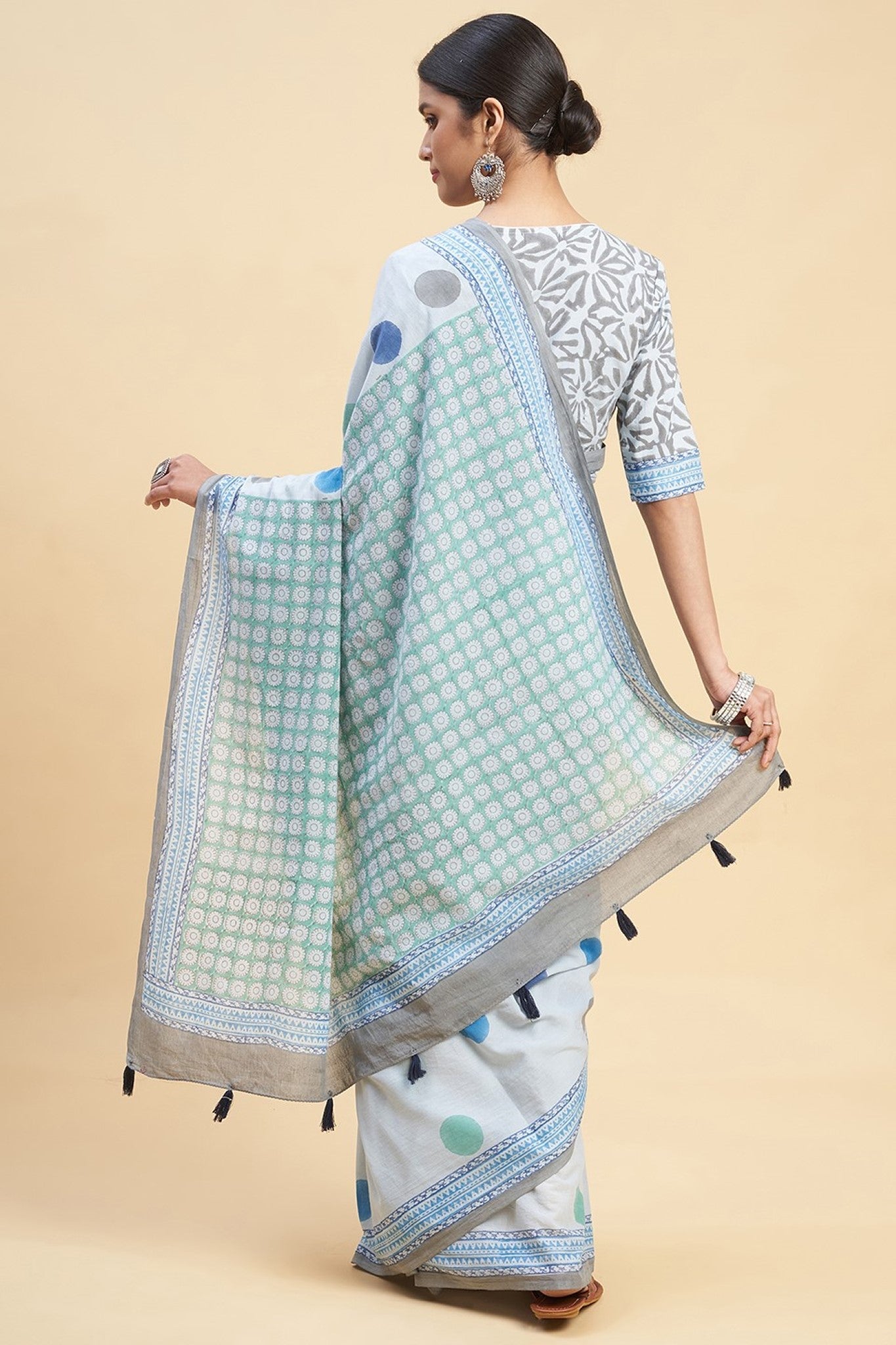 "Ocean Blue Pearls" Block Printed Cotton Saree - SootiSyahi