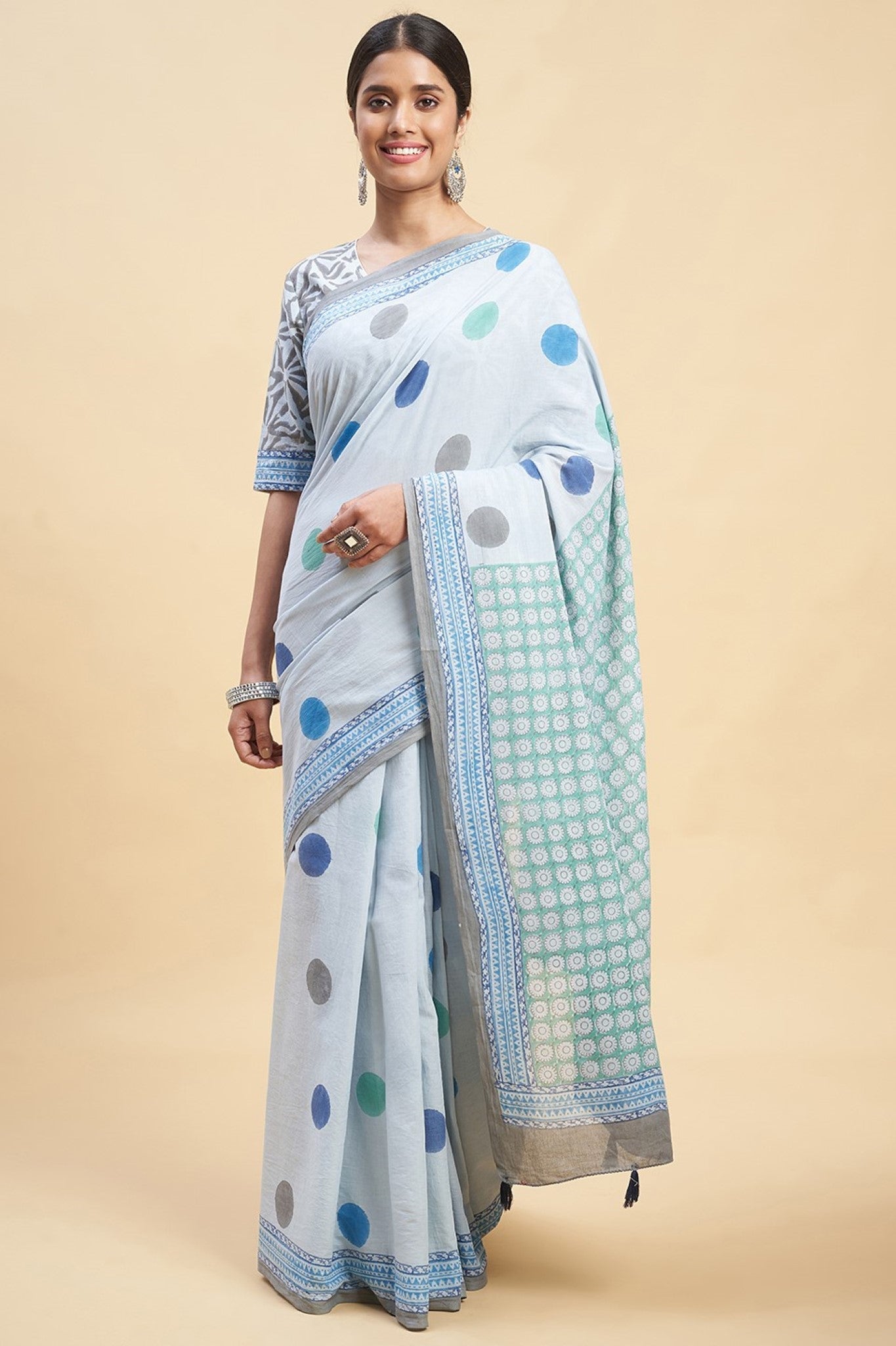"Ocean Blue Pearls" Block Printed Cotton Saree - SootiSyahi