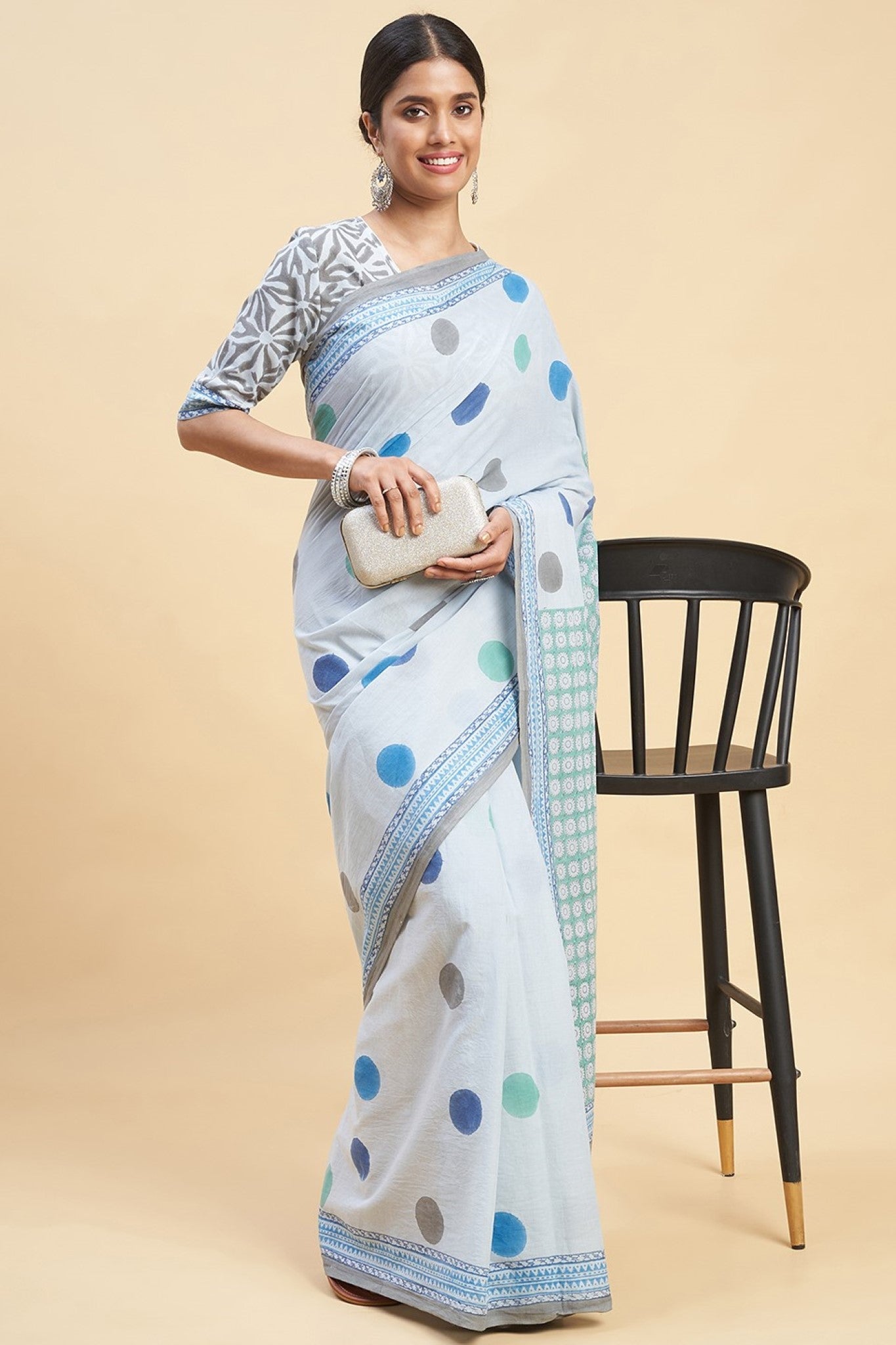 "Ocean Blue Pearls" Block Printed Cotton Saree - SootiSyahi