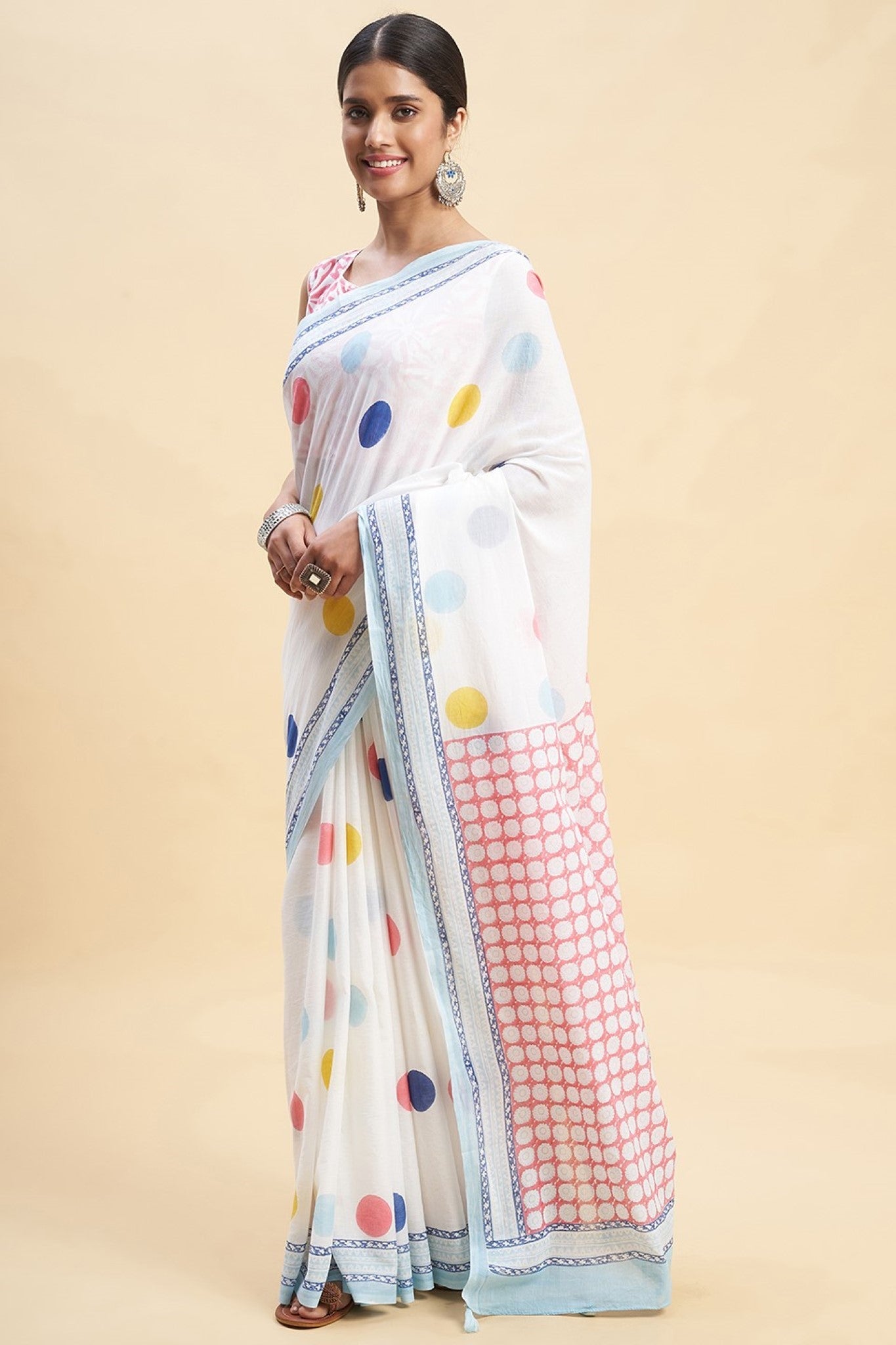 "Ocean Pearls'' Block Printed Cotton Saree - SootiSyahi