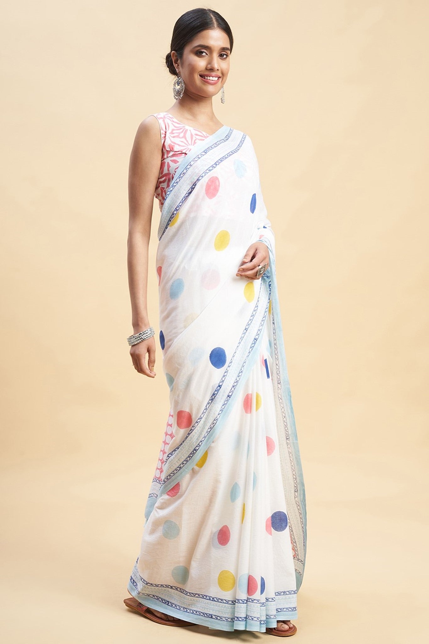 "Ocean Pearls'' Block Printed Cotton Saree - SootiSyahi